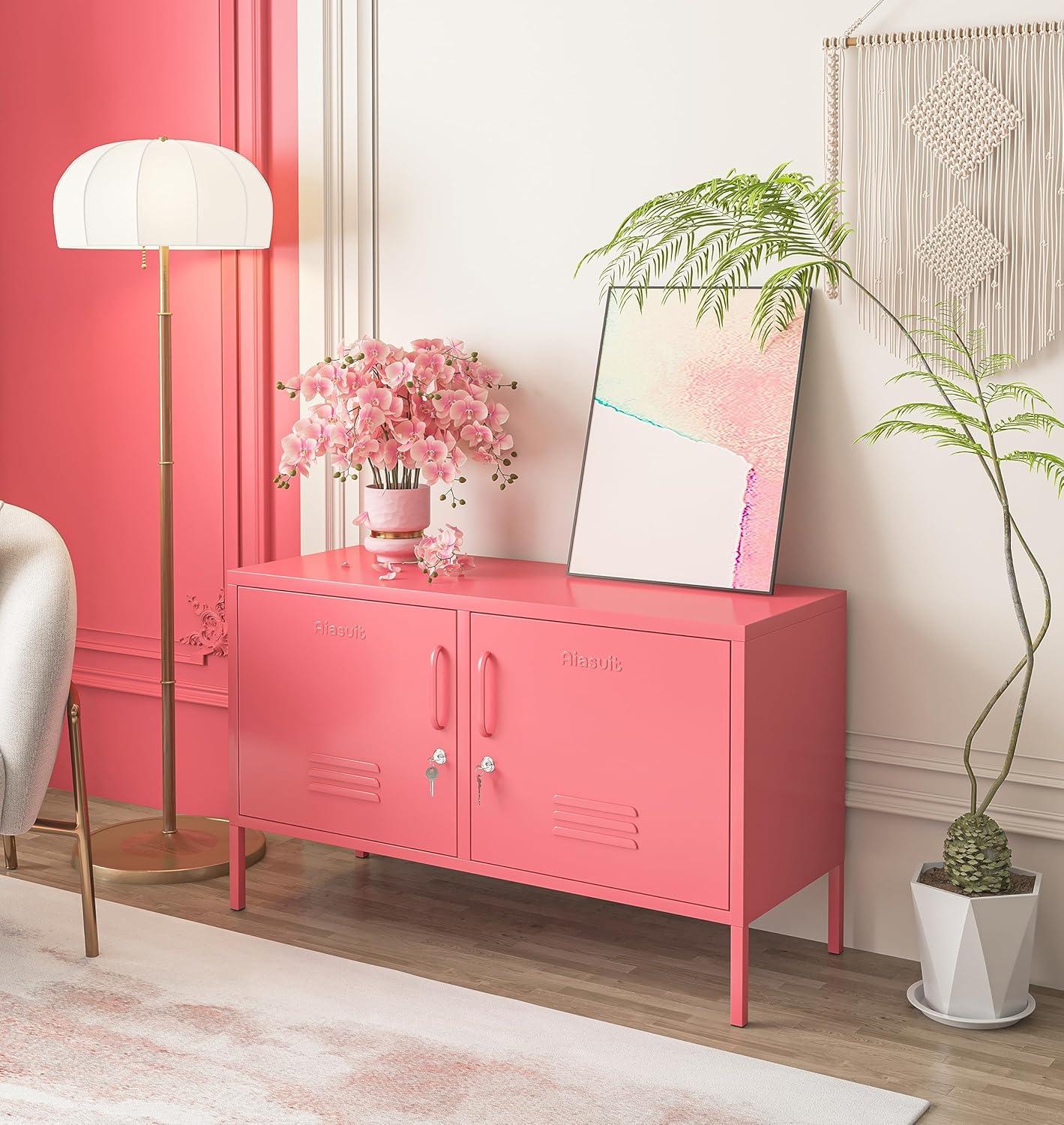 2 Doors Metal Storage Cabinet Multifunction lockers Modern TV Stand Large Space Adjustable Bedroom Locker Red Size: 23.62”H x 39.37”W x 14.96”D