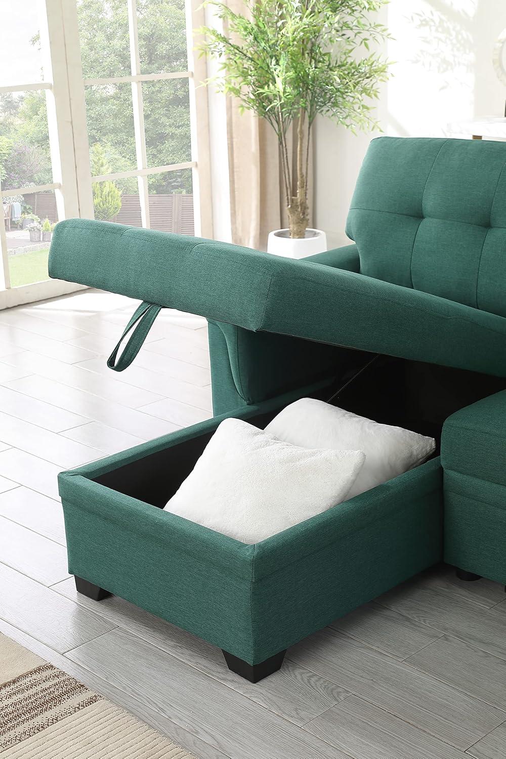 Lucca Green Linen Fabric Reversible Sleeper Sectional Sofa with Storage Chaise