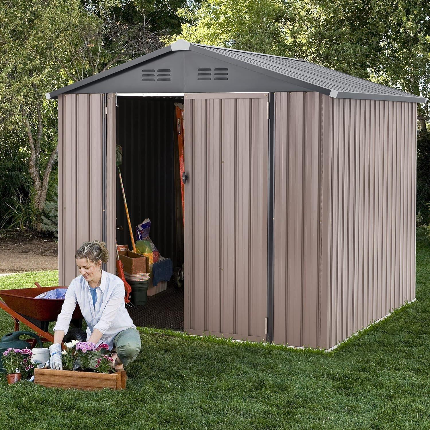 U-MAX 8' x 10' Shed Outdoor Storage Shed Clearance, Extra Large Yard Steel Metal Garden Shed with Design of Lockable Doors, Tool and Utility Storage for Backyard, Garden, Patio, Outside use in Taupe