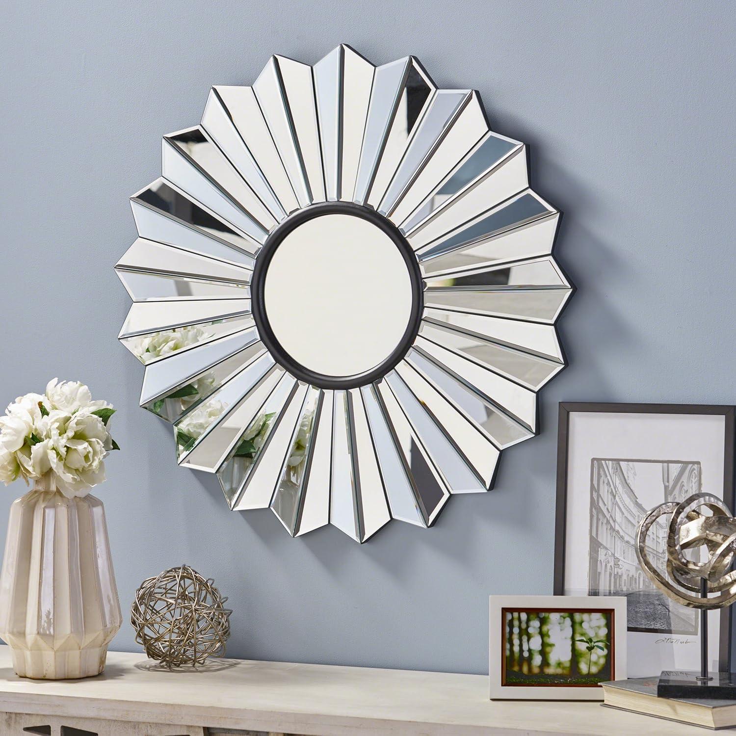 Glam Flower Patterned Round Wall Mirror with Faux Wood Frame