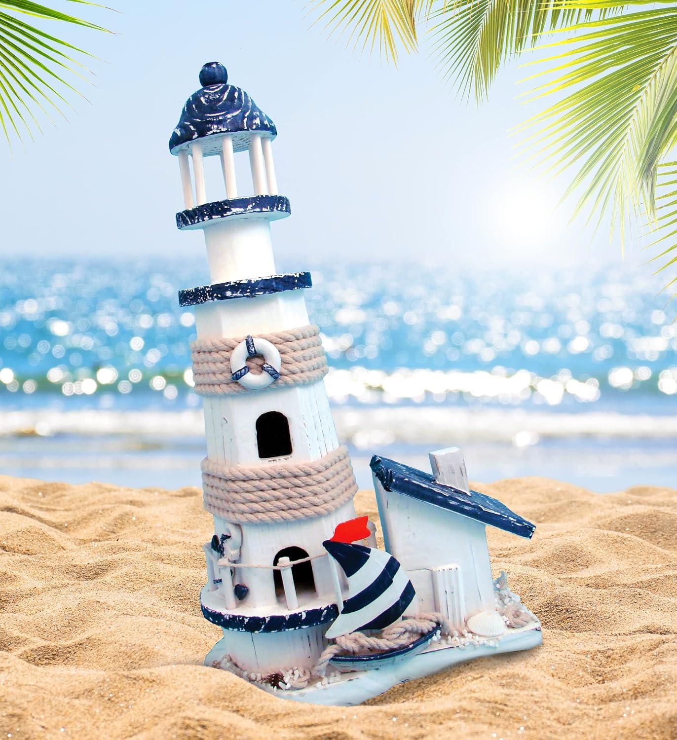 CoTa Global Ocean Blue Lighthouse Decor - Handmade and Crafted Wooden Lighthouse Decoration with Sailboat Figure Decorative Beach Style Tabletop Centerpiece, Nautical Themed Home Decor – 13.5 Inch