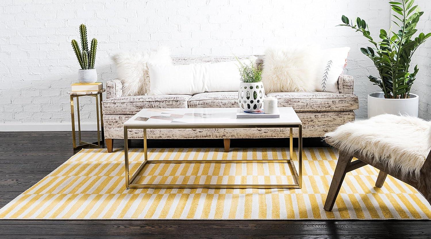 Yellow and Beige Striped Synthetic 4' x 6' Area Rug