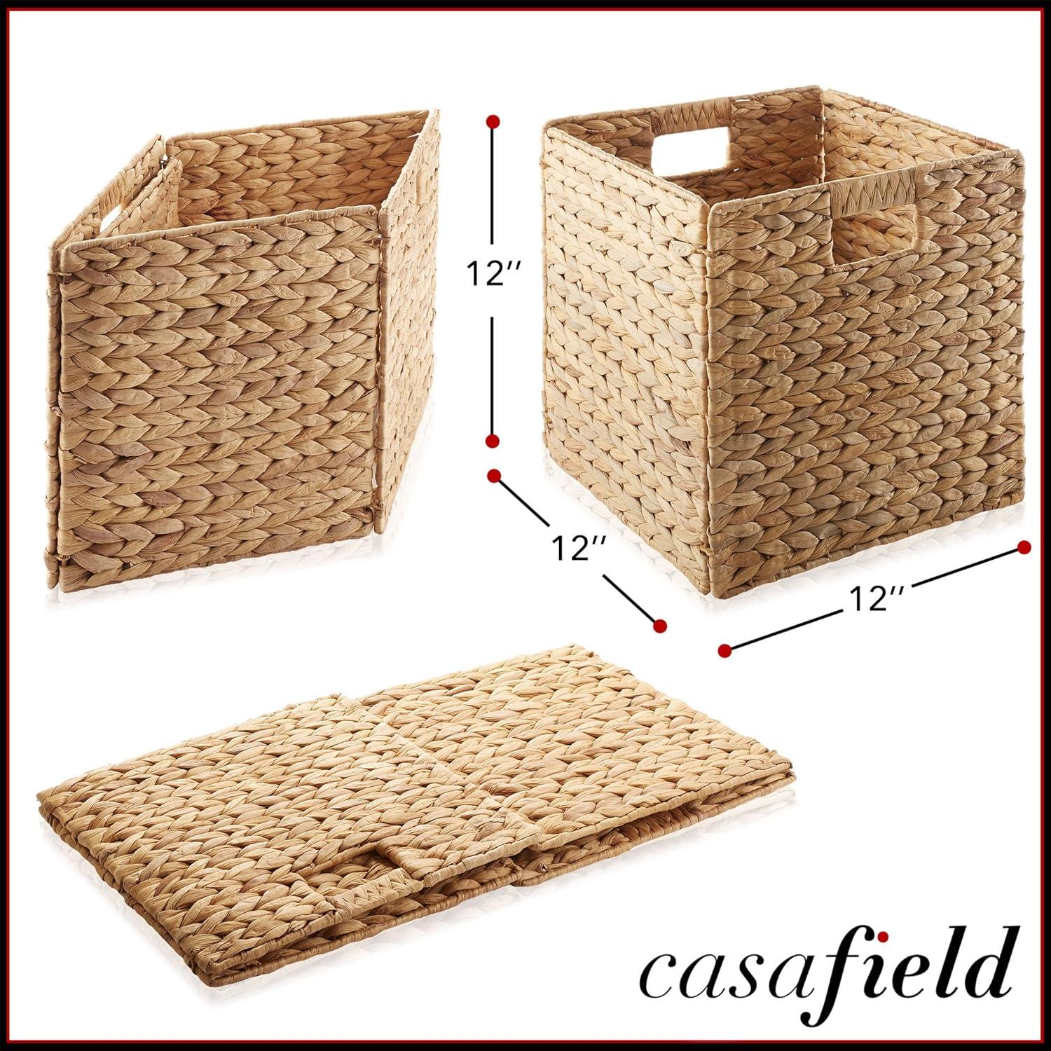 Casafield 12" x 12" Water Hyacinth Storage Baskets - Set of 2 Collapsible Cubes, Woven Bin Organizers for Bathroom, Bedroom, Laundry, Pantry, Shelves