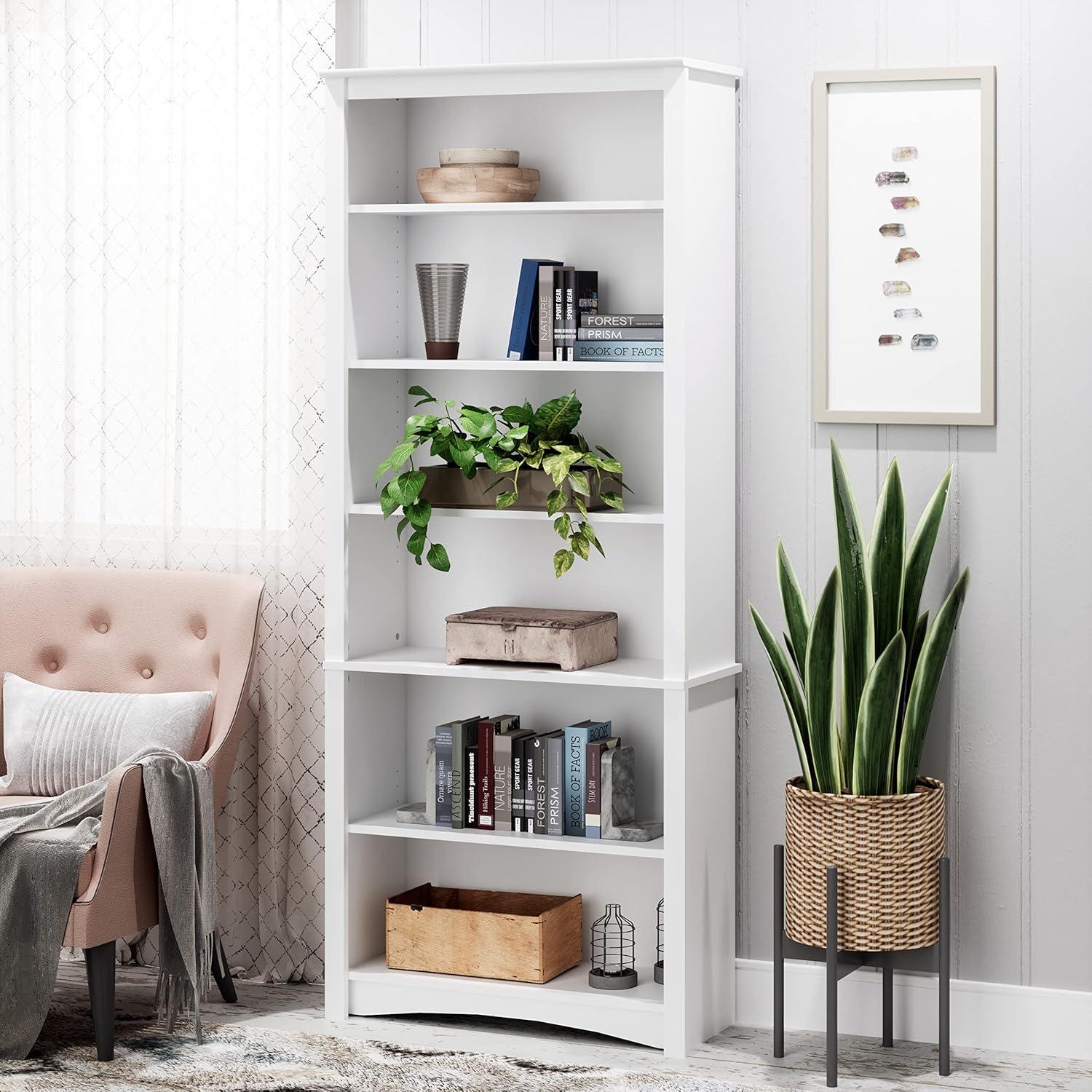 White Adjustable 6-Shelf Engineered Wood Bookcase