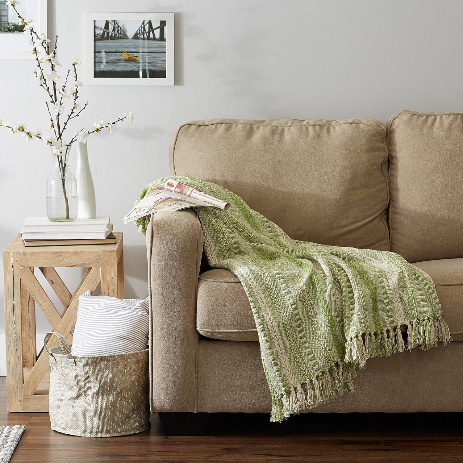 Antique Green Cotton Braided Stripe Throw Blanket