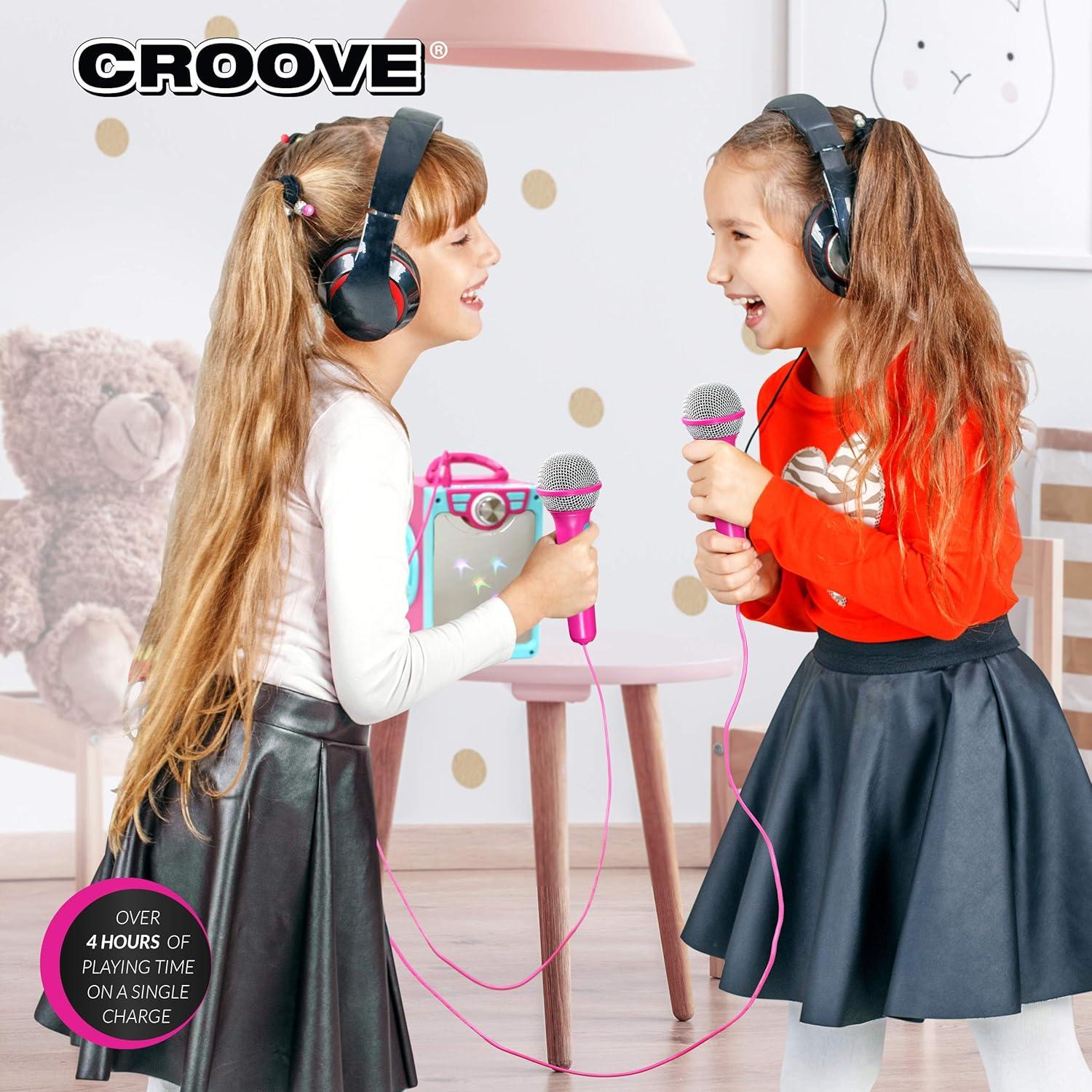 Croove POP Box Karaoke Machine for Kids with 2 Microphones and Flashing Disco Lights (Pink)