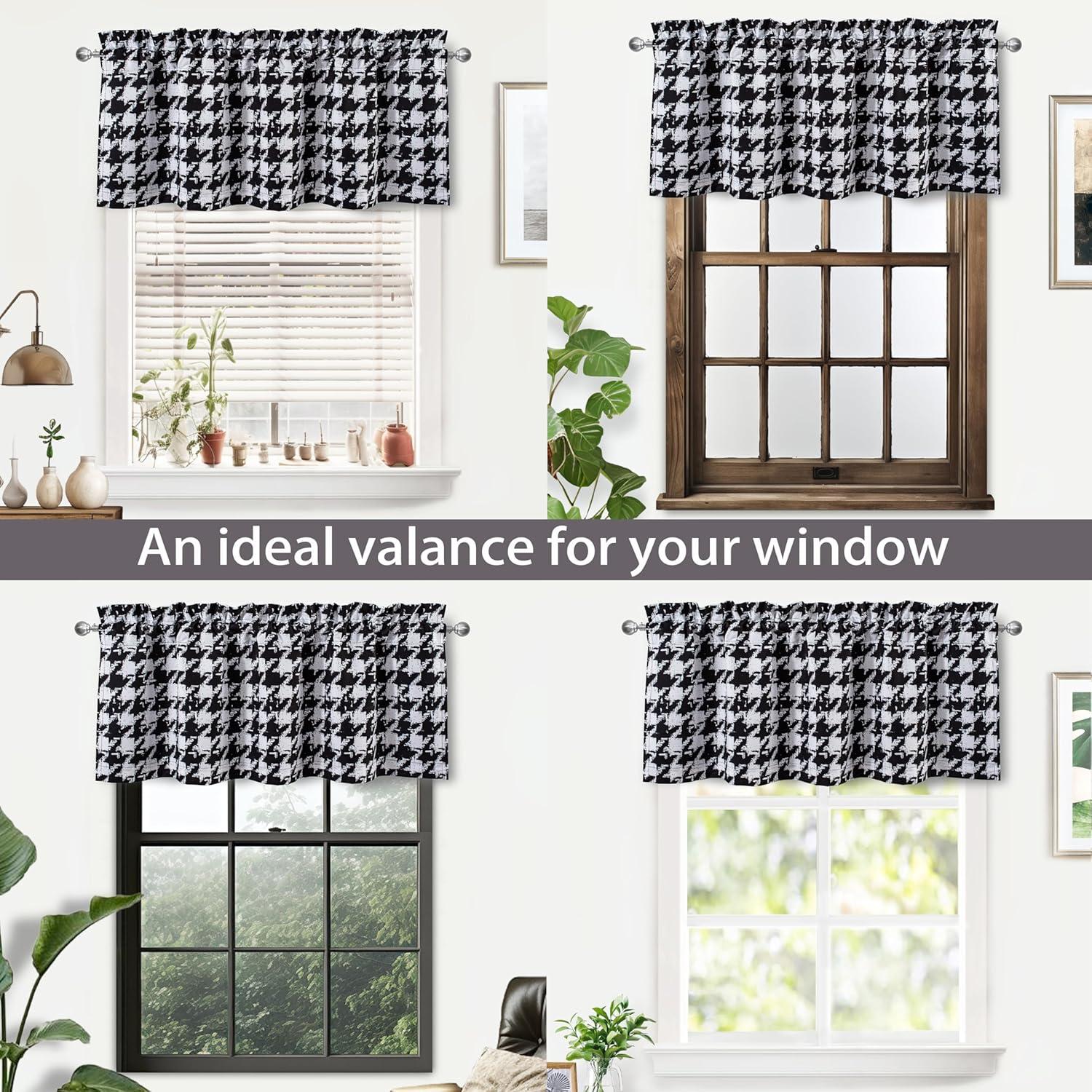 DriftAway Houndstooth Check Plaid Window Valances Black and White Farmhouse Window Treatment Decor Curtains Vintage Gingham Rod Pocket Valances for Kitchen Living Room Café Curtains 1 Panel