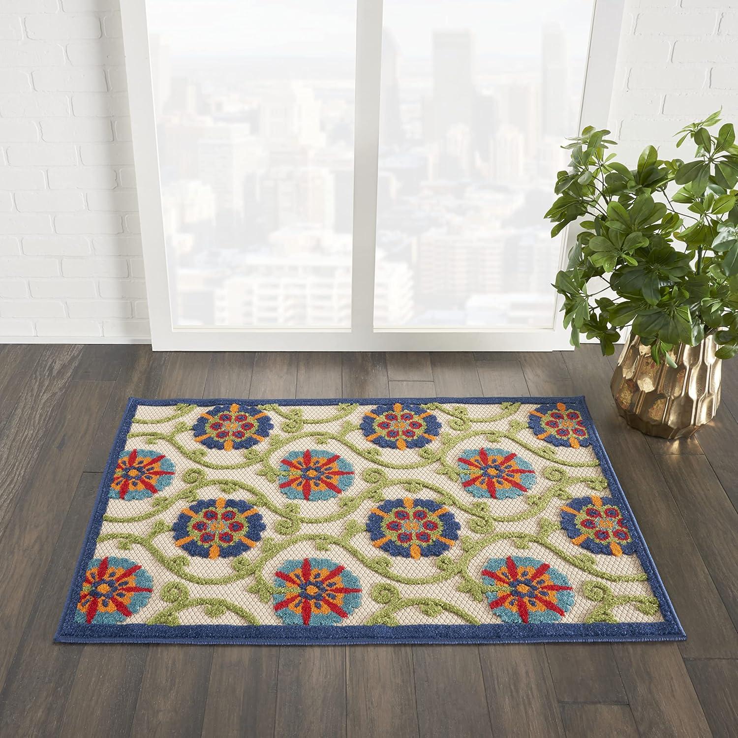 Aloha Floral Blue Multicolor 6' x 9' Reversible Outdoor Rug