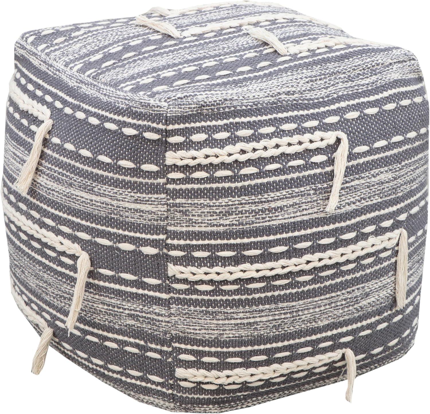 Tassel-Trimmed Two-Tone Grey Woven Cotton Square Pouf