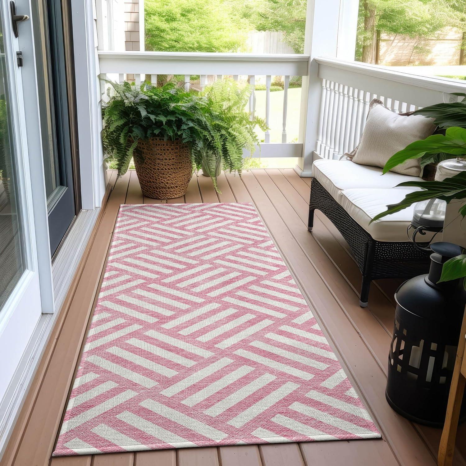 Pink and White Geometric Flat Woven Runner Rug