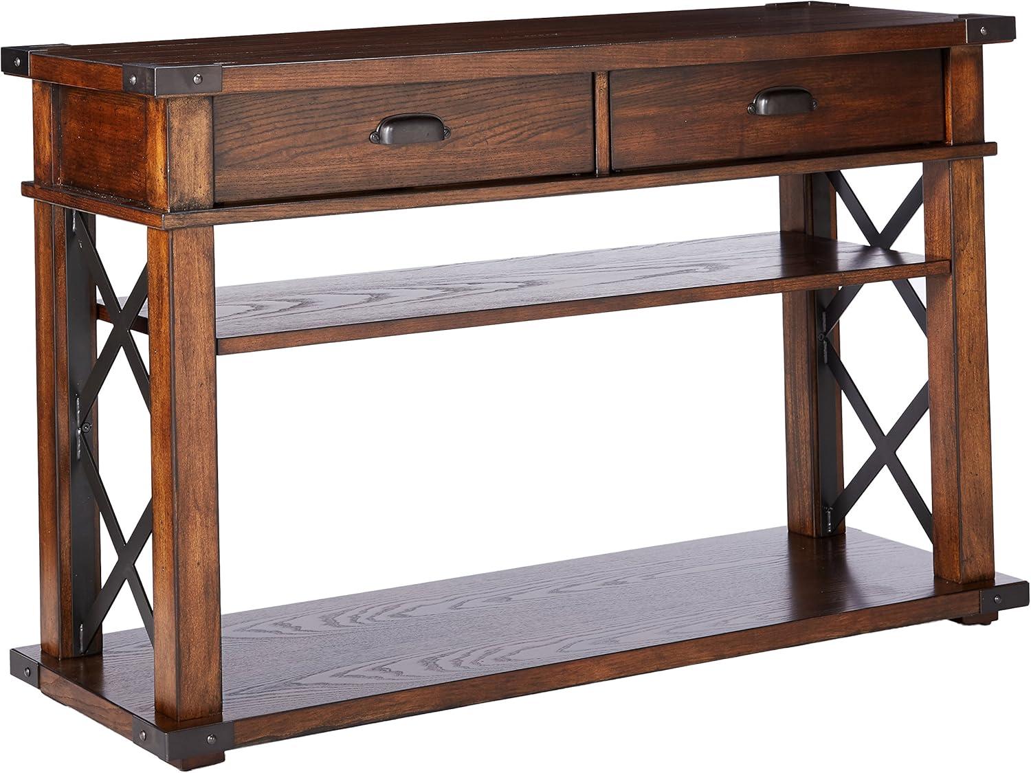 Walnut Brown Industrial Wood and Metal Console Table with Storage