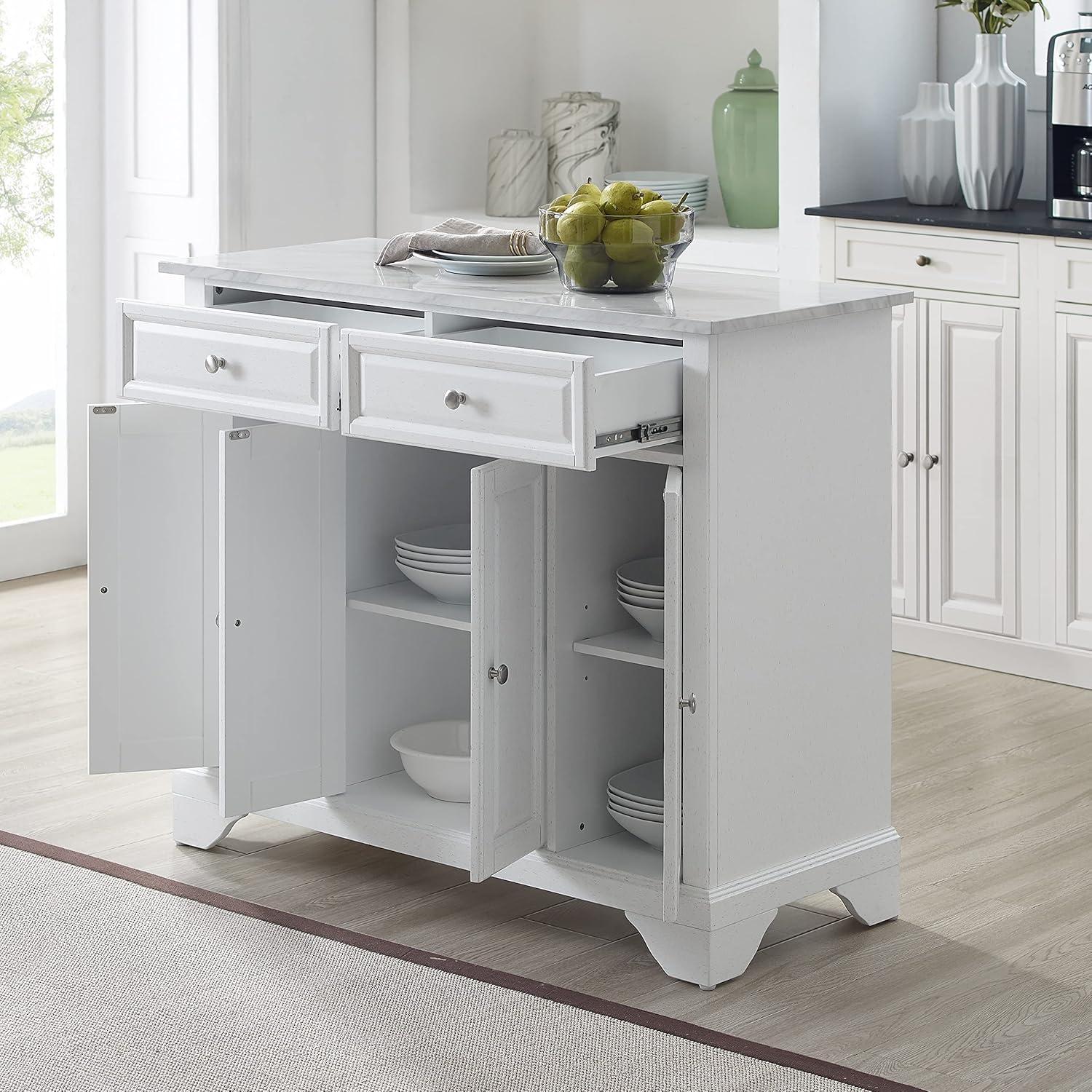 Avery Distressed White Kitchen Island Cart with Faux Marble Top