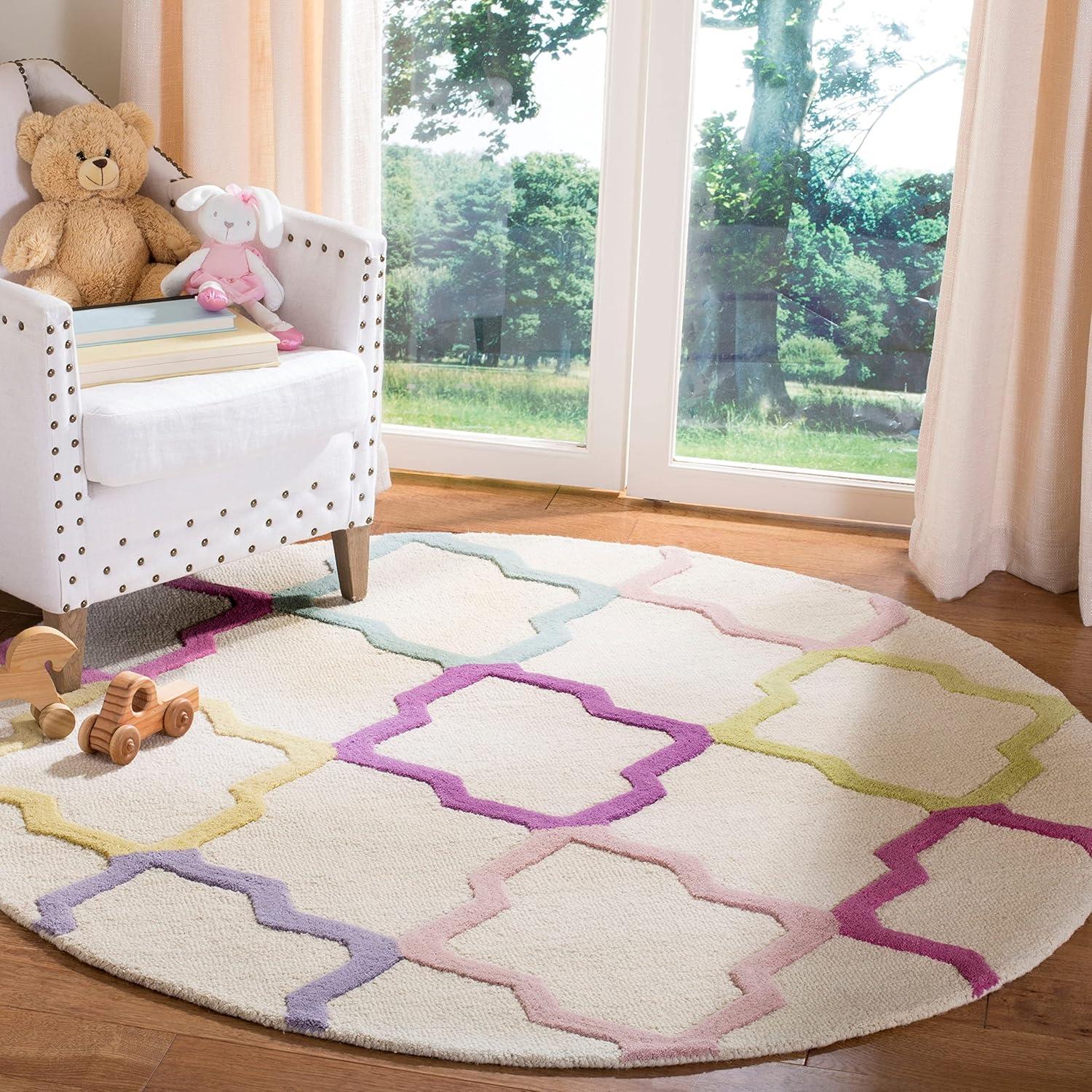 Ivory Geometric Handmade Wool Kids Round Rug