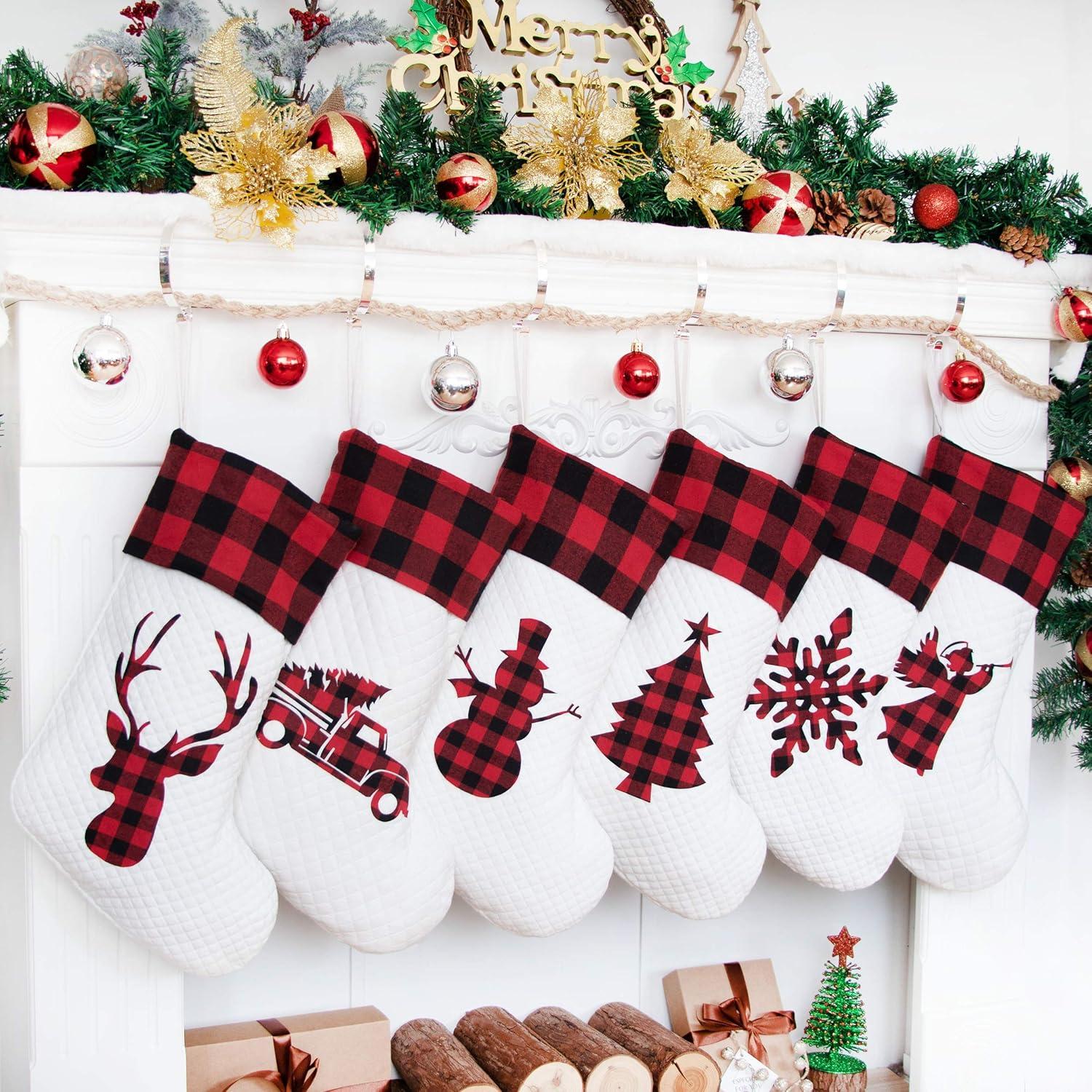 Set of 6 Red Plaid and White Quilted Christmas Stockings