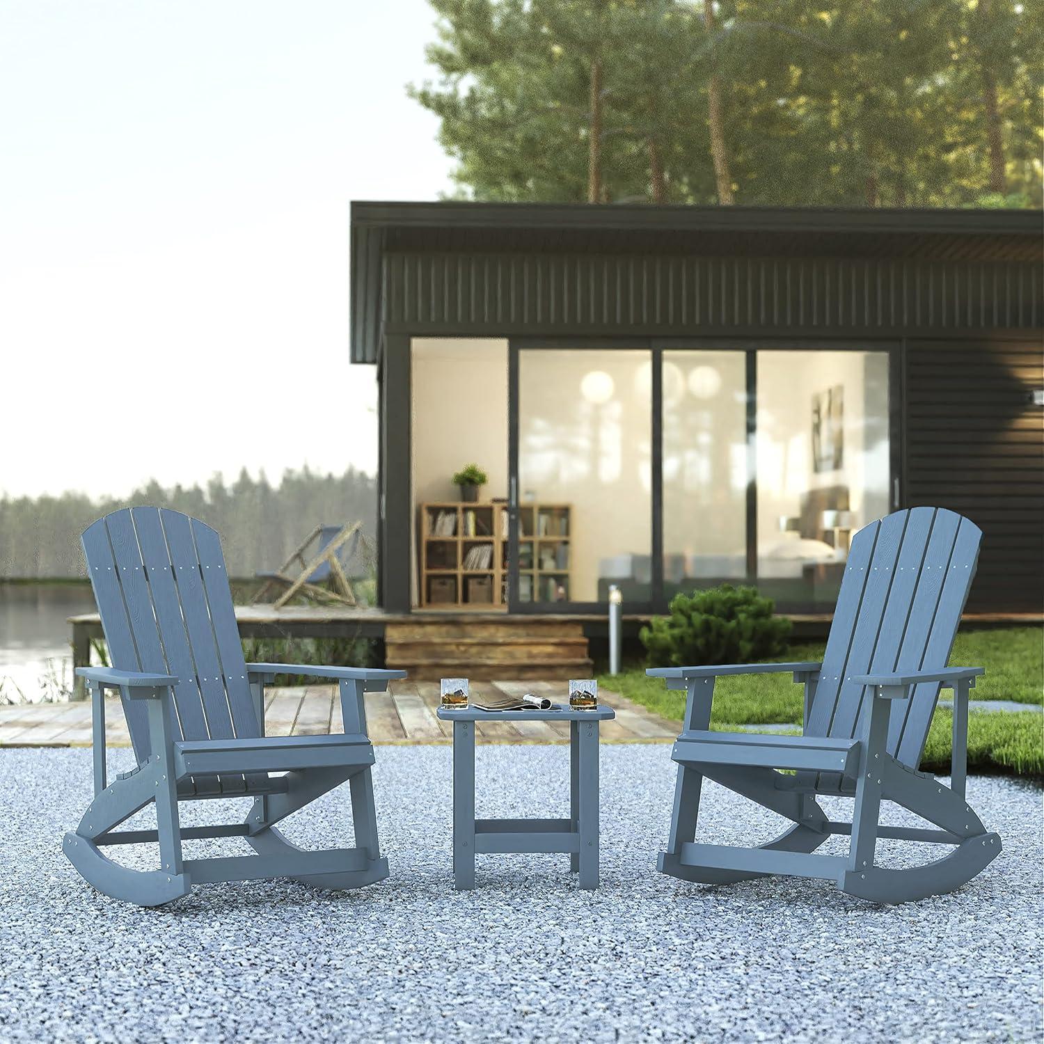 Flash Furniture Set of 2 Savannah All-Weather Poly Resin Wood Adirondack Rocking Chairs with Side Table in Sea Foam