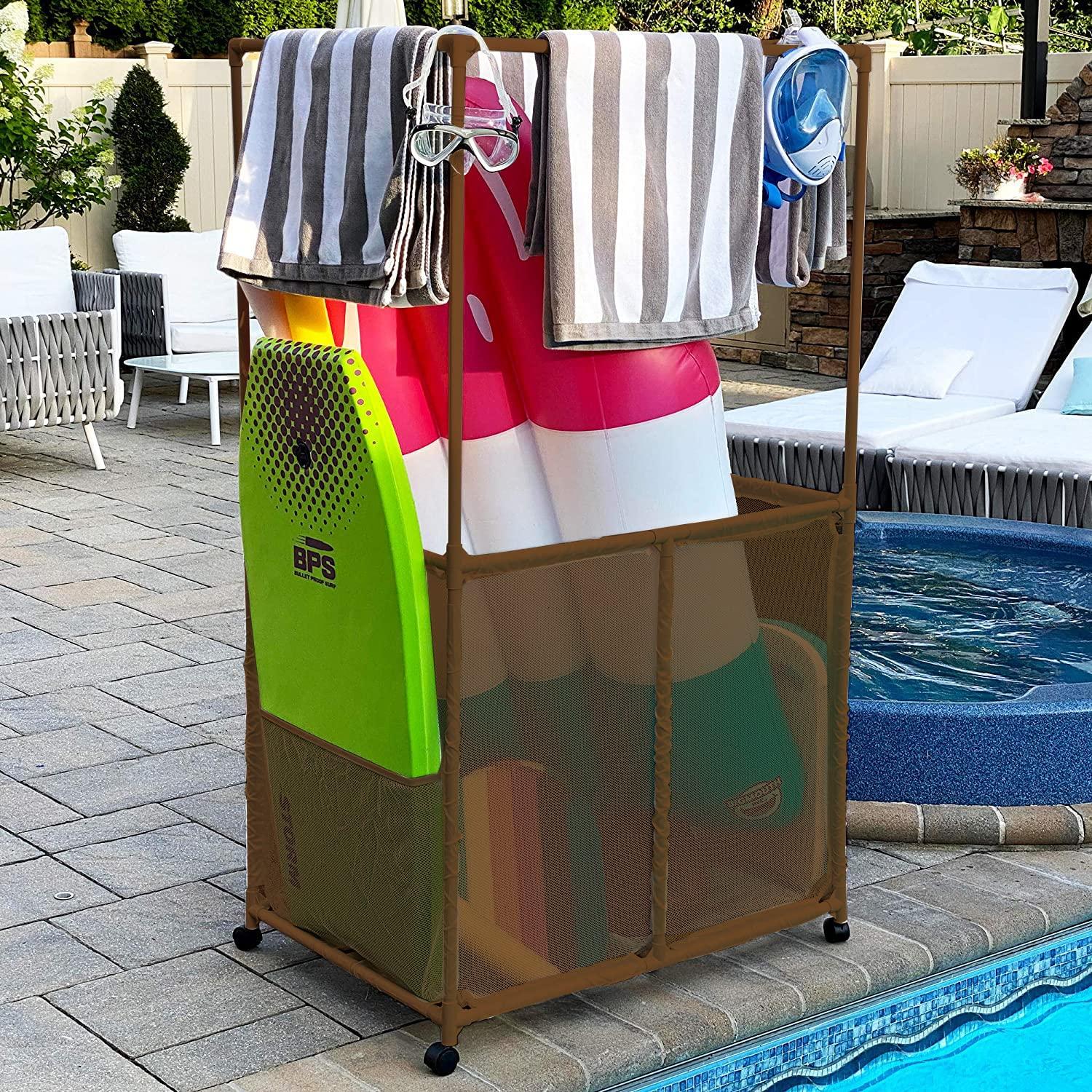 Essentially Yours Pool Equipment Holder with Towel Drying Bars, Mesh Rolling Double Decker Multi Use Storage Organizer Bin, Extra Large with Towel Hanger, (34.5" W x 25" L x 62.6" H), Brown Style 4185
