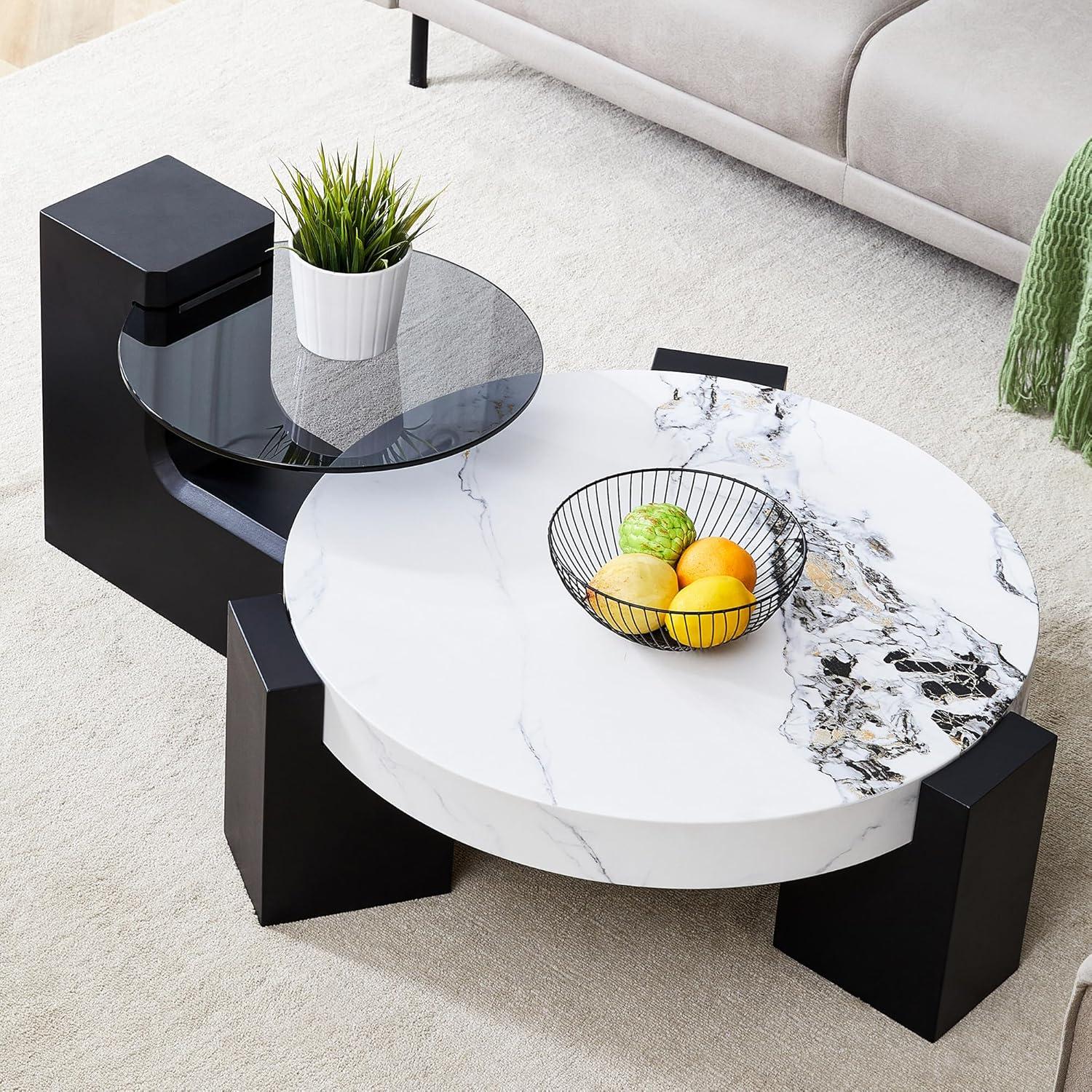 Modern Coffee Tables Set of 2, Coffee Table with Detachable Nightstand, Accent Center Table with Glass Top Side Table for Bedroom Office