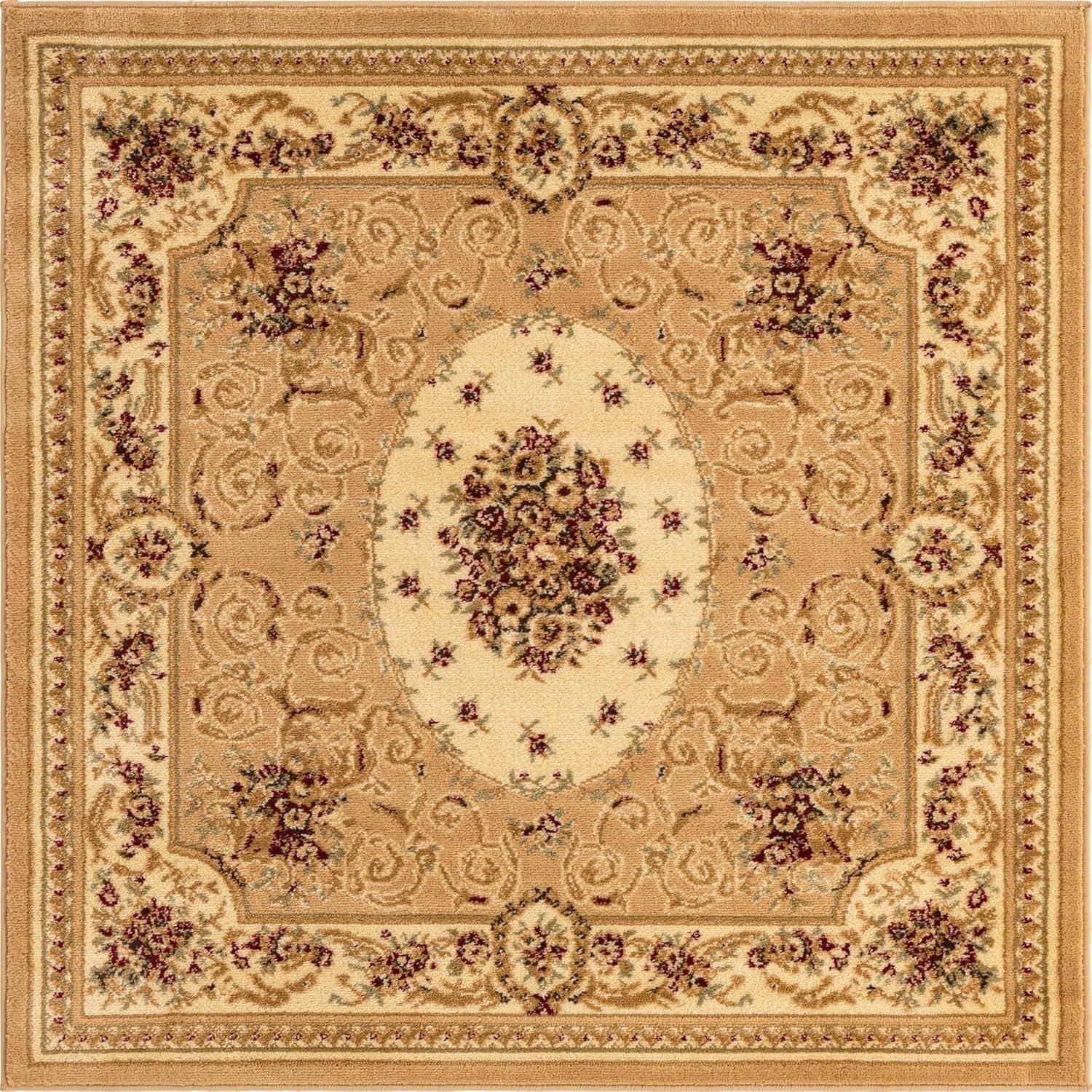 Tan and Cream Floral Square Stain-Resistant Rug