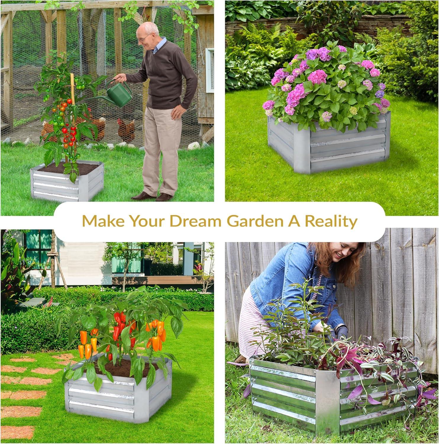 Sunnydaze Corrugated Galvanized Steel Raised Garden Bed for Plants, Vegetables, and Flowers - 24" Square x 12" H - Silver