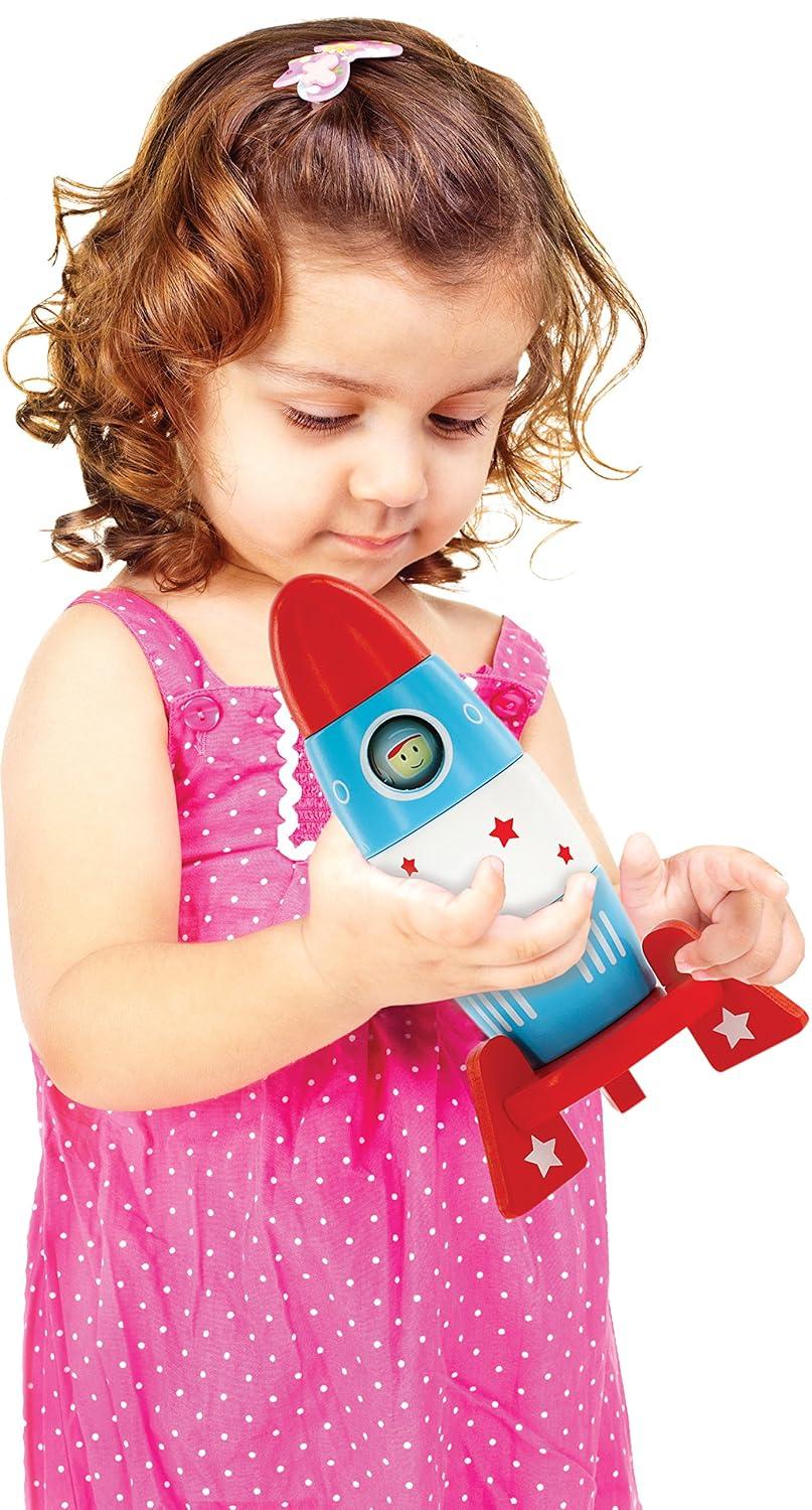 Svan Wooden Stacker Toy Space Rocket- 6 Magnetic Stacking Pieces-Building Set with Surprise Astronaut Inside, Hands On Game for Kids, Interactive Play