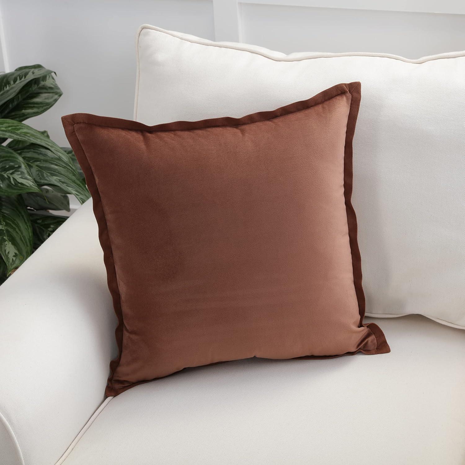 Spice Brown Velvet Square Throw Pillow with Cotton Flange