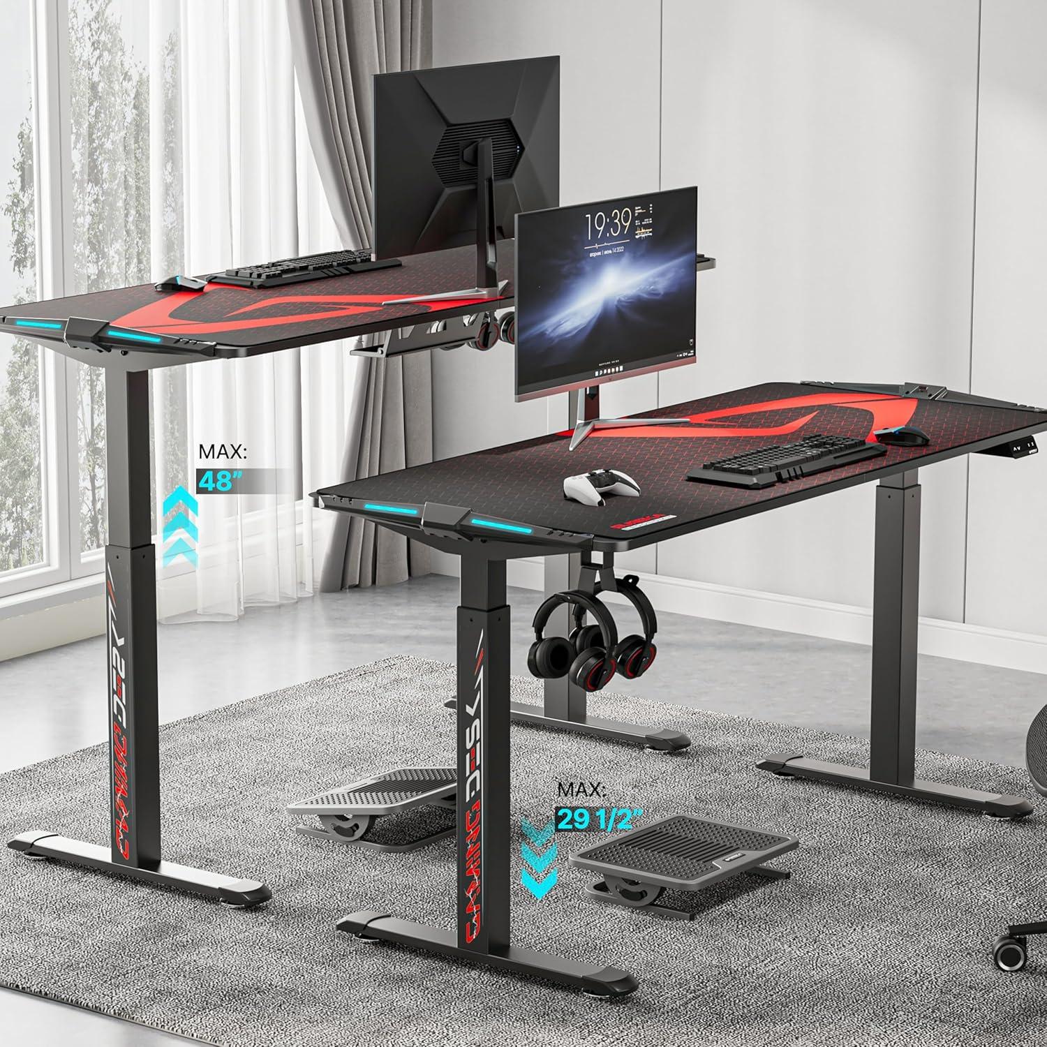 Gaming Standing Desk with RGB Lighting,65" W x 27.5" D x 29'' - 48.5" H