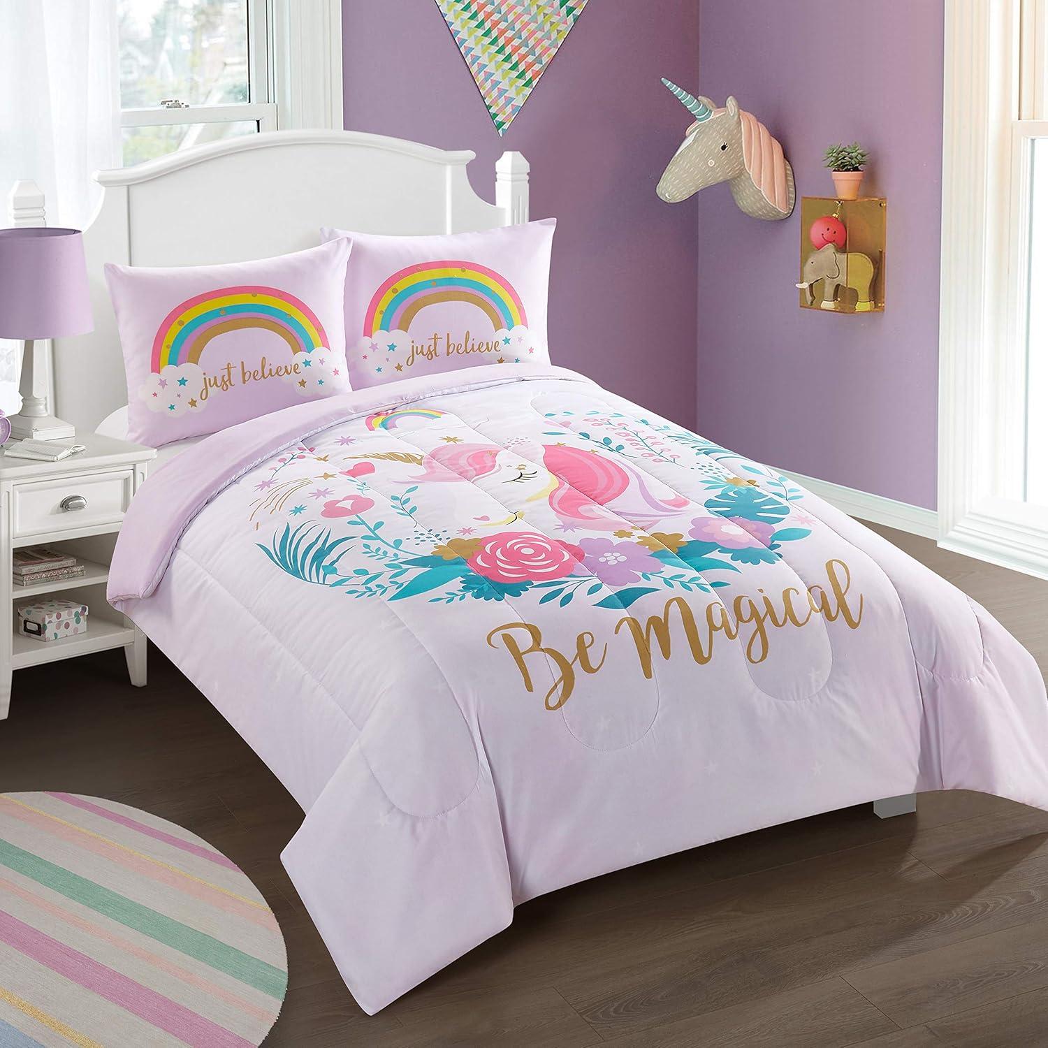 Pink Reversible Microfiber Twin Unicorn Comforter Set