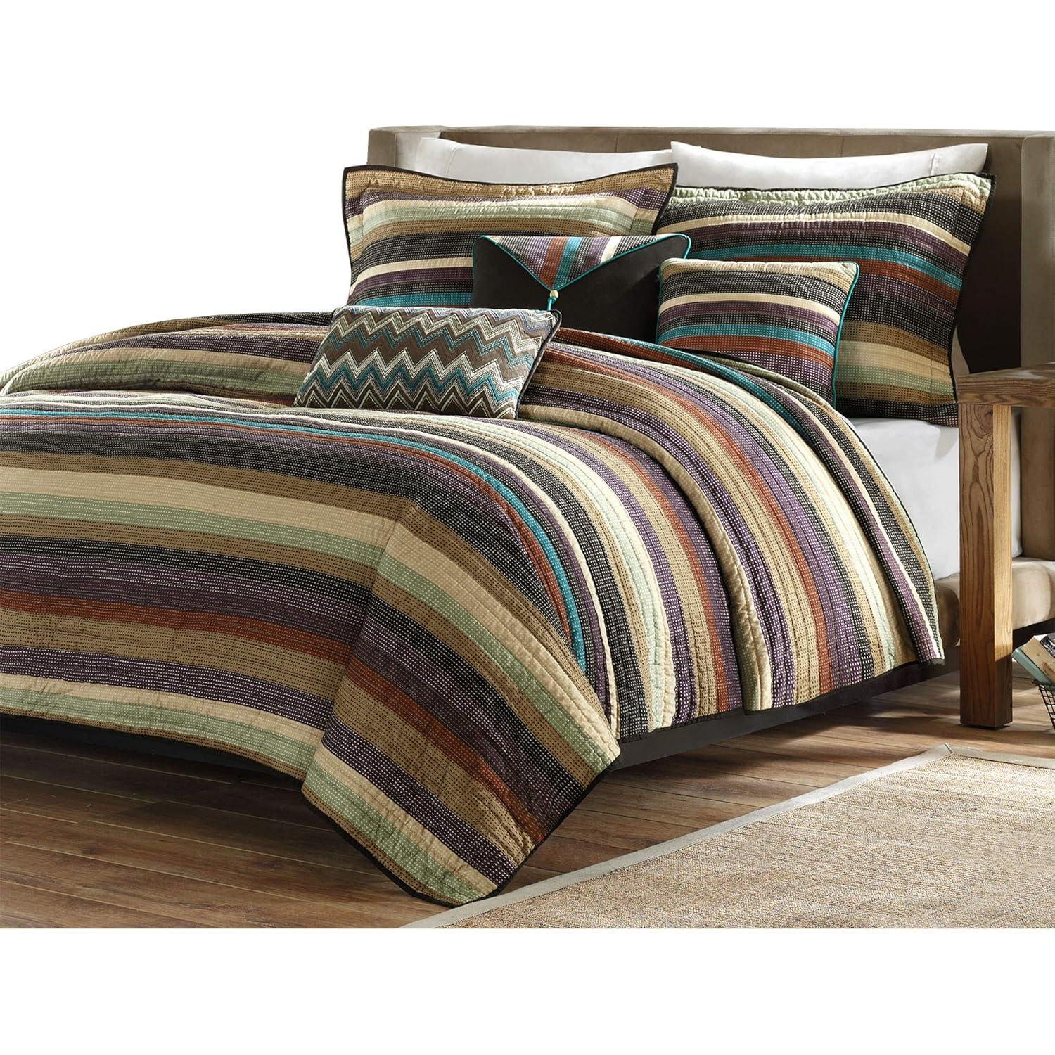 Madison Park 5pc Twin/Twin Extra Long Reyes Reversible Quilted Coverlet Set Purple/Cream/Black: Microfiber Stripe Design with Decorative Pillows