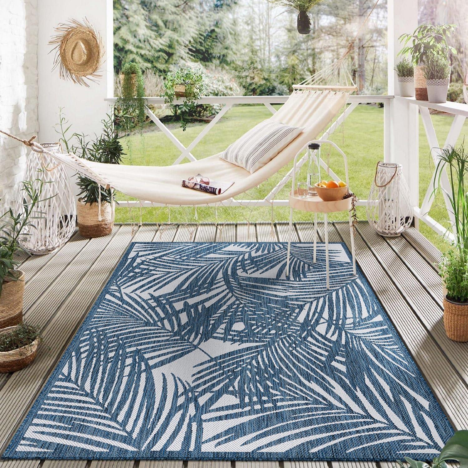 World Rug Gallery Contemporary Palm Leaf Textured Flat Weave Indoor/Outdoor Area Rug - NAVY 5' X 7'