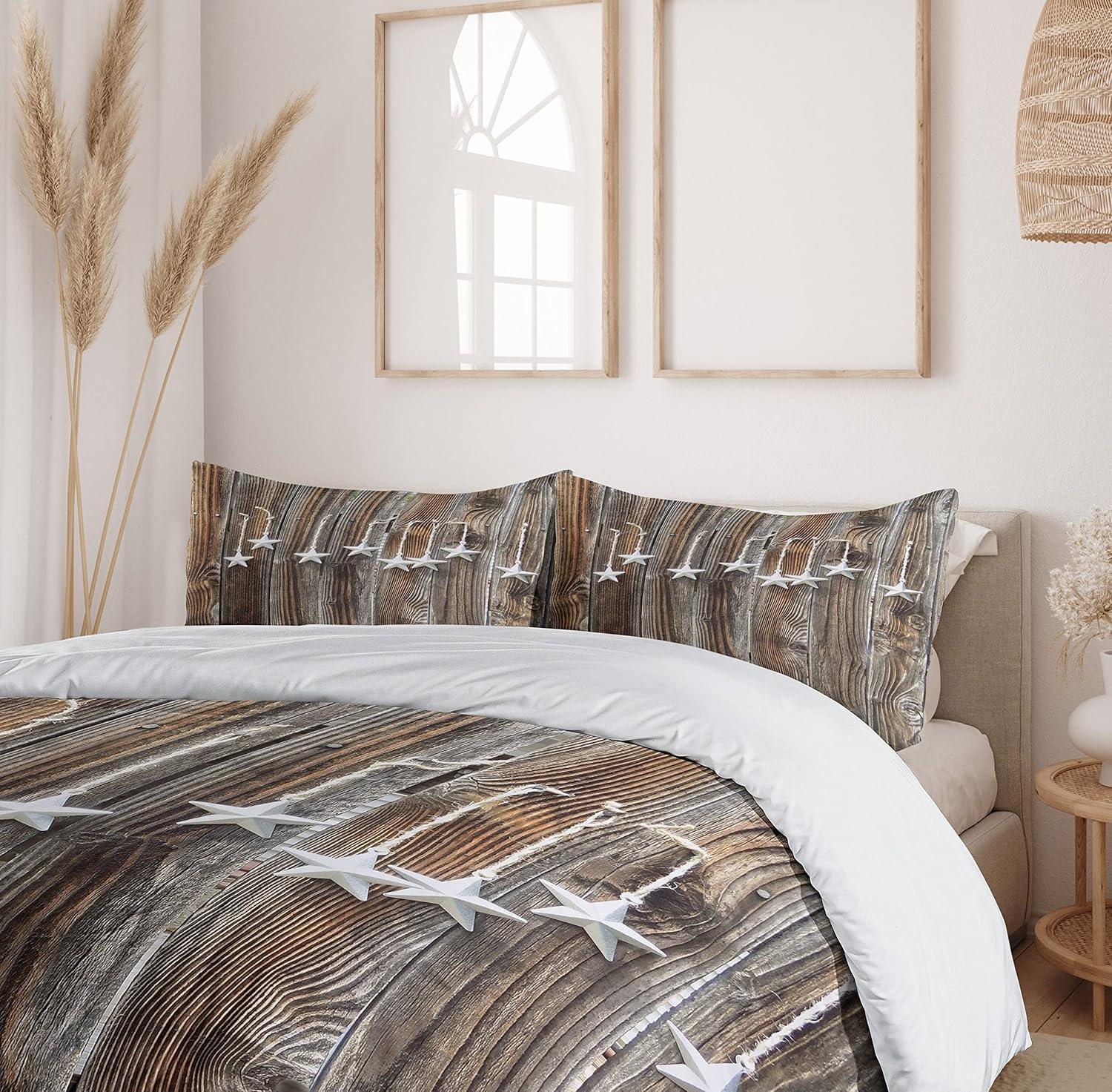 Queen Brown and Grey Rustic Star Duvet Cover Set