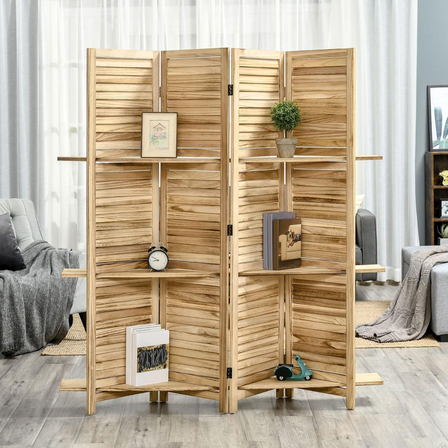 HOMCOM Room Divider, 4 Panel 67" Tall Wood Privacy Screen with 3 Display Shelves, and Folding Storage for Bedroom or Home Office, Natural Wood Color