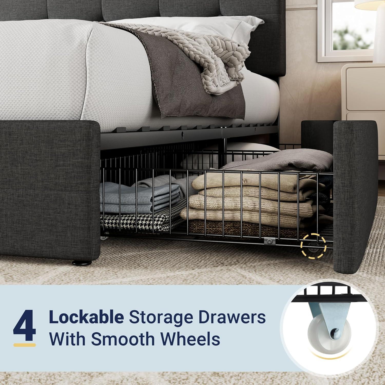 Allewie Upholstered King Size Platform Bed Frame with 4 Storage Drawers and Headboard, Square Stitched Button Tufted, Mattress Foundation with Wooden Slats Support, No Box Spring Needed, Dark Grey