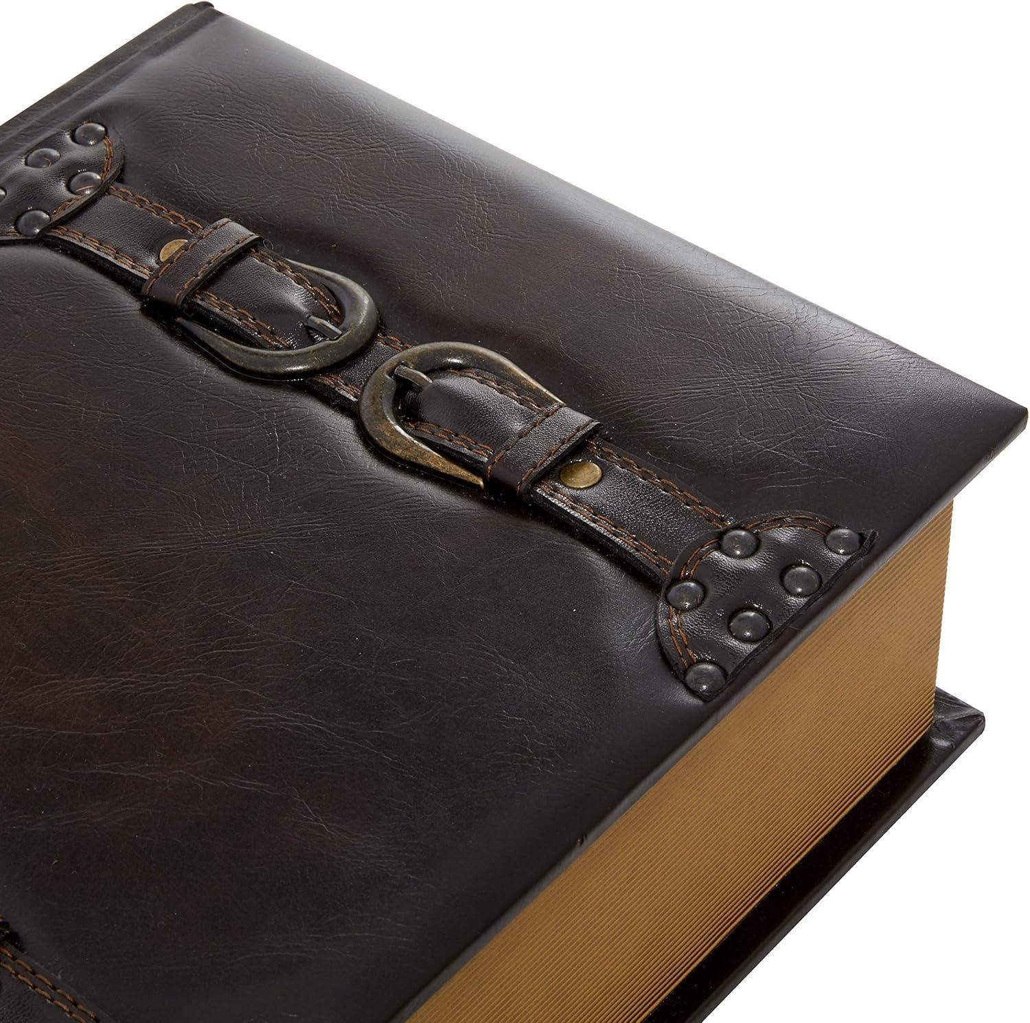 DecMode Vintage Faux Book Storage Dark Brown Faux Leather Decorative Box with Gold Buckle Accents, 3 Count