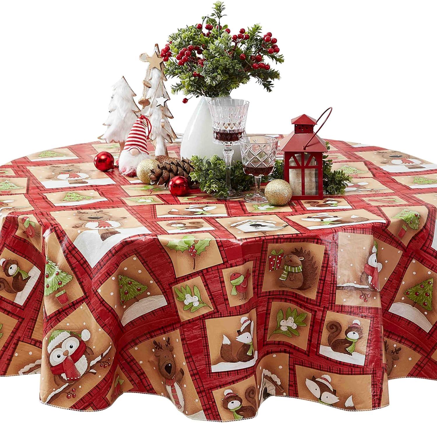 Newbridge Holiday Forest Friends Cottage Style Flannel Back Vinyl Christmas Tablecloth - Adorable Forest Animal Print Wipe Clean Easy Care Kitchen, Dining Room Tablecloth, 70” Round