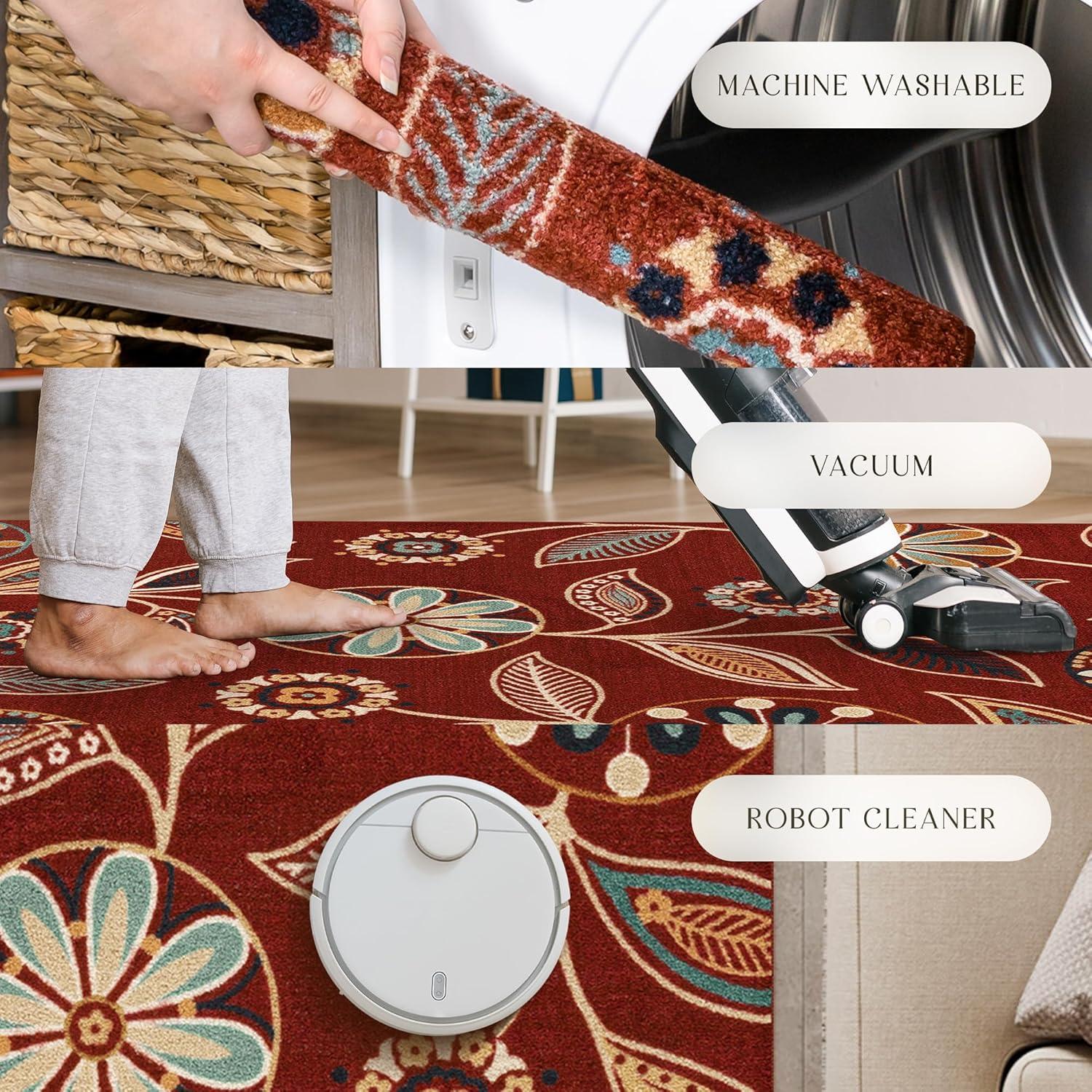 Maples Rugs - Reggie Bohemian Floral Washable Indoor Runner Rugs, 1'8 x 5', Red