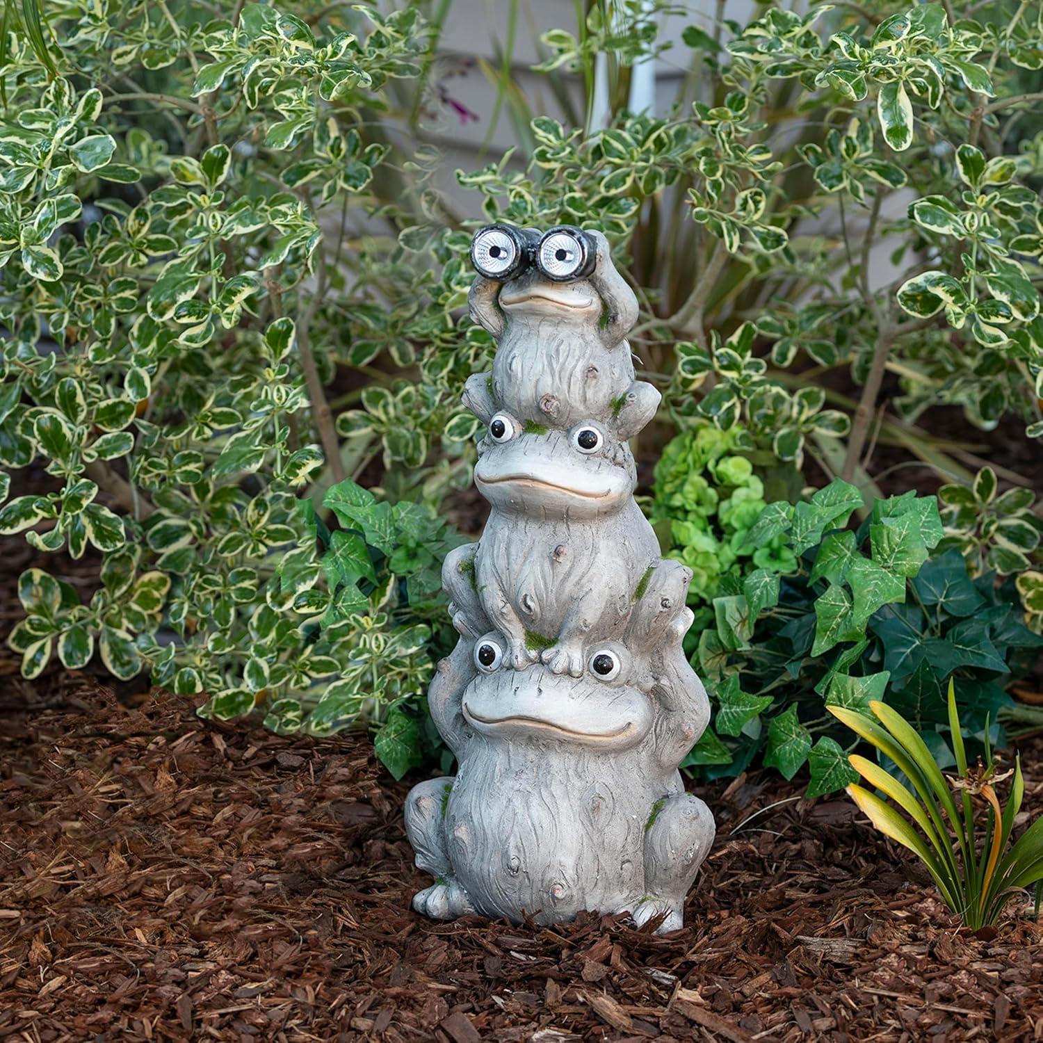 Gray Solar-Powered Stacked Frog Lawn Decoration with LED Lights