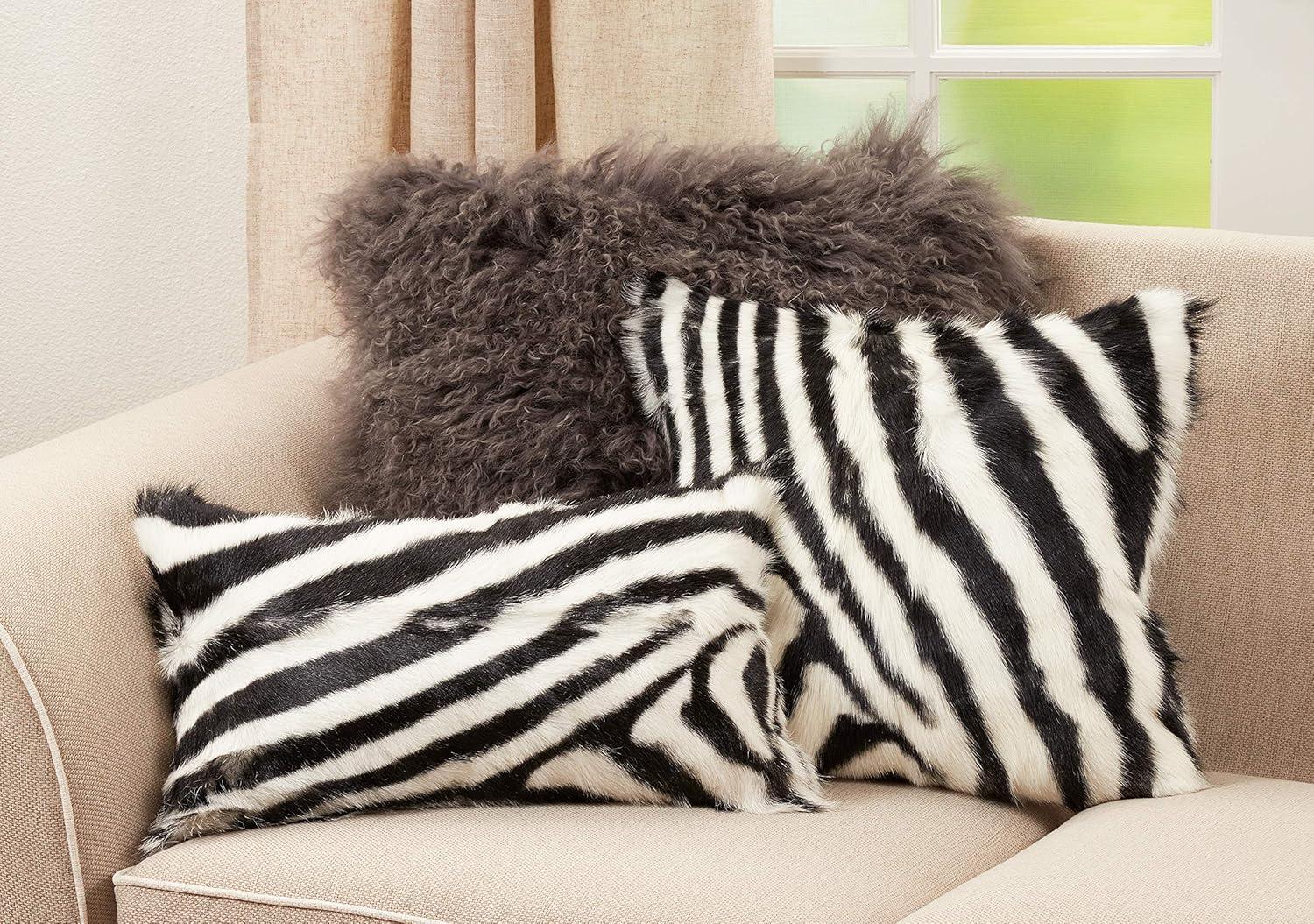 Black and White Zebra Goat Fur Throw Pillow