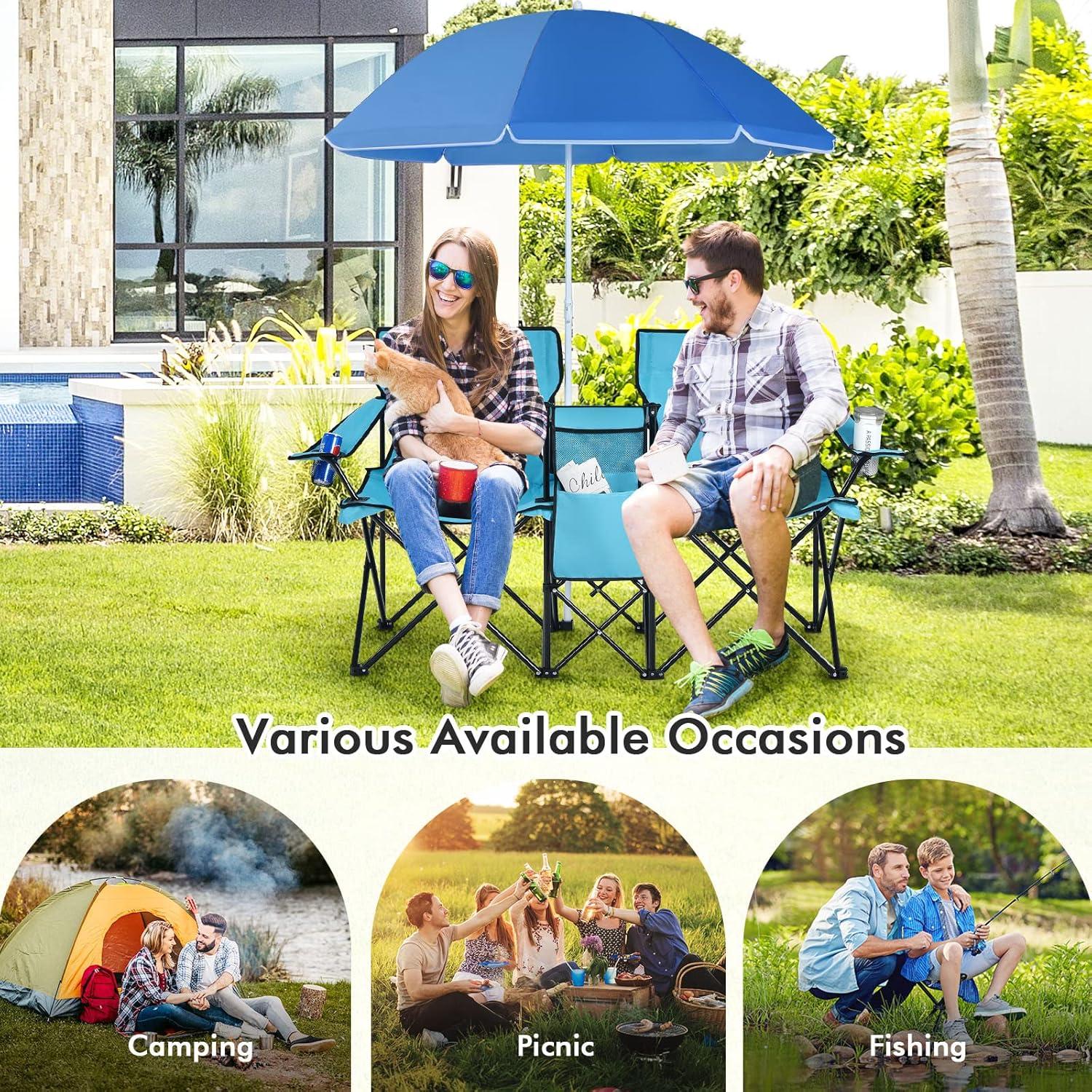 Portable Folding Picnic Double Chair W/Umbrella Table Cooler Beach Camping Turquoise