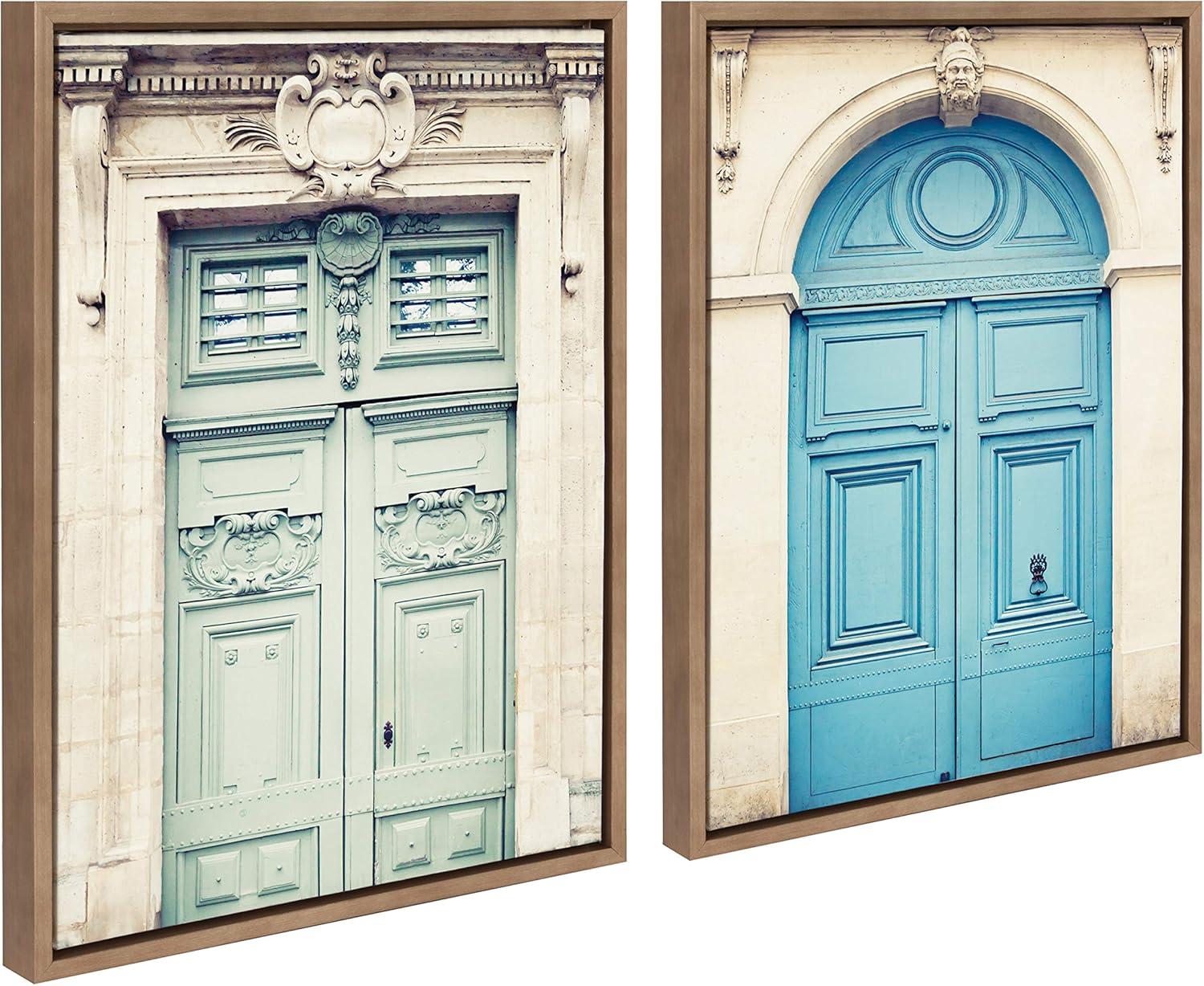 18" x 24" (Set of 2) Sylvie Classic Parisian Blue Paris Door by Caroline Mint Framed Wall Canvas Set Gold - Kate & Laurel All Things Decor