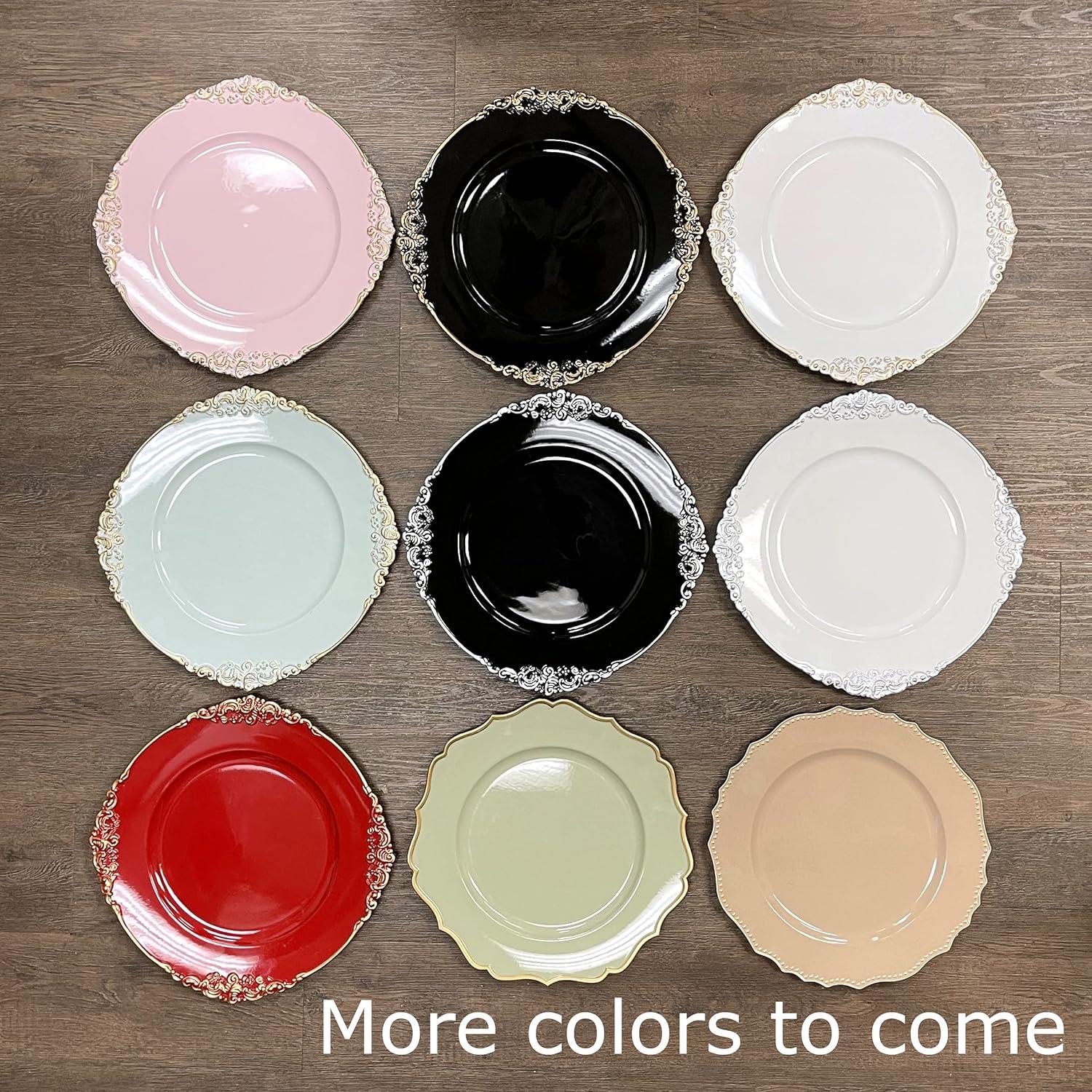 Allgala 13-Inch 6-Pack Heavy Quality Plastic Round Charger Plates-Floral White Silver Trim-HD80342