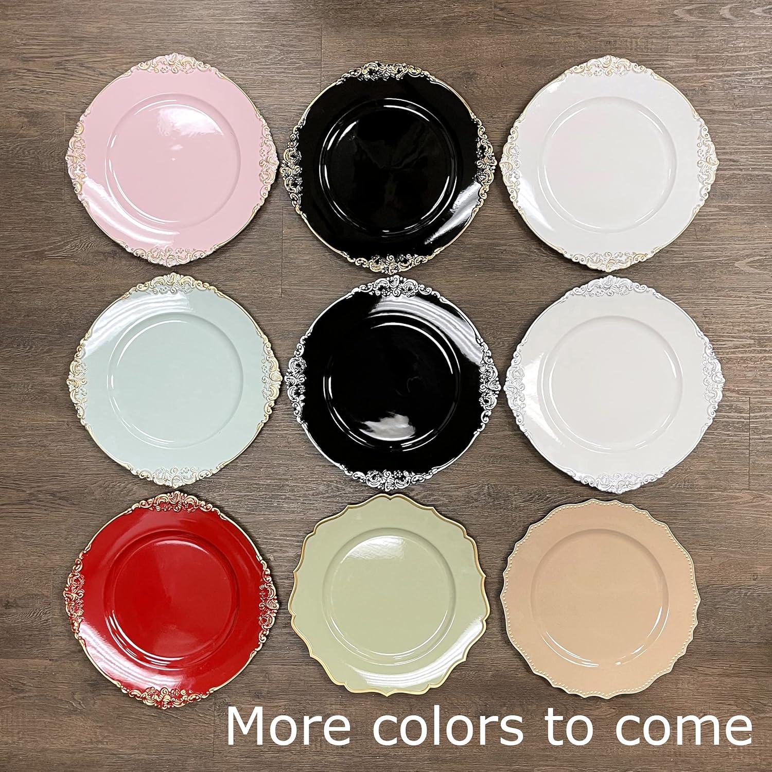 Allgala 13-Inch 6-Pack Heavy Quality Plastic Round Charger Plates-Floral White Silver Trim-HD80342