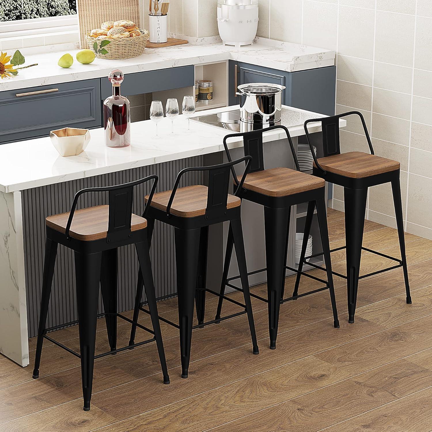 Stools Set of 4 Counter Height  Stools Metal Barstools with Removable Back 30" Kitchen  Stools with Wooden Seat