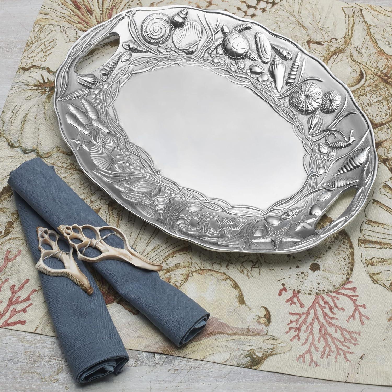 Coastal Silver Alloy Handle Tray with Ocean Motifs
