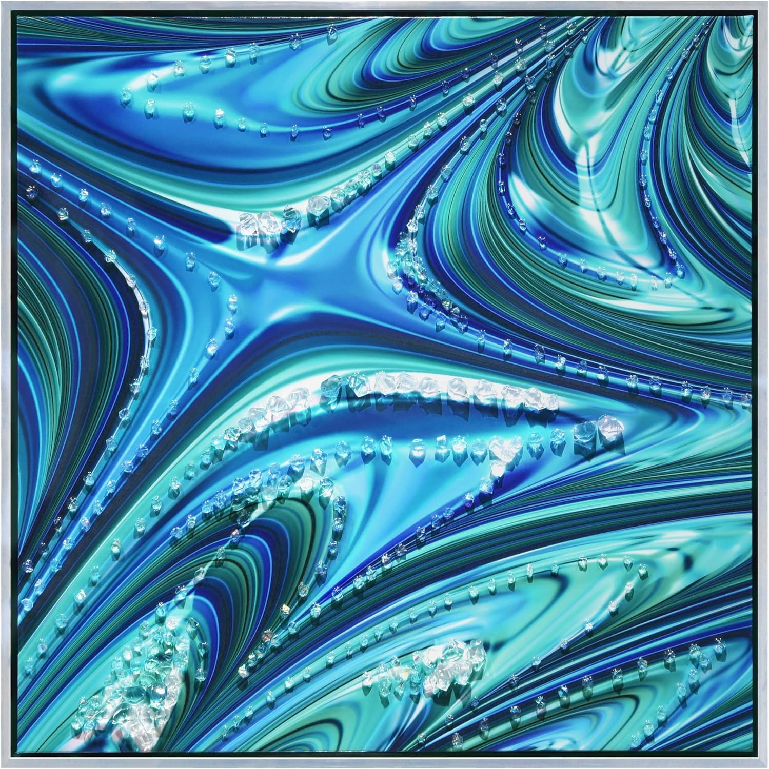 "Ocean Waves II" Crystallus Epoxy Coated Wrapped Framed Glossy Blue Canvas Wall Art with Heavy Acrylic Crystal Shards Embellishments