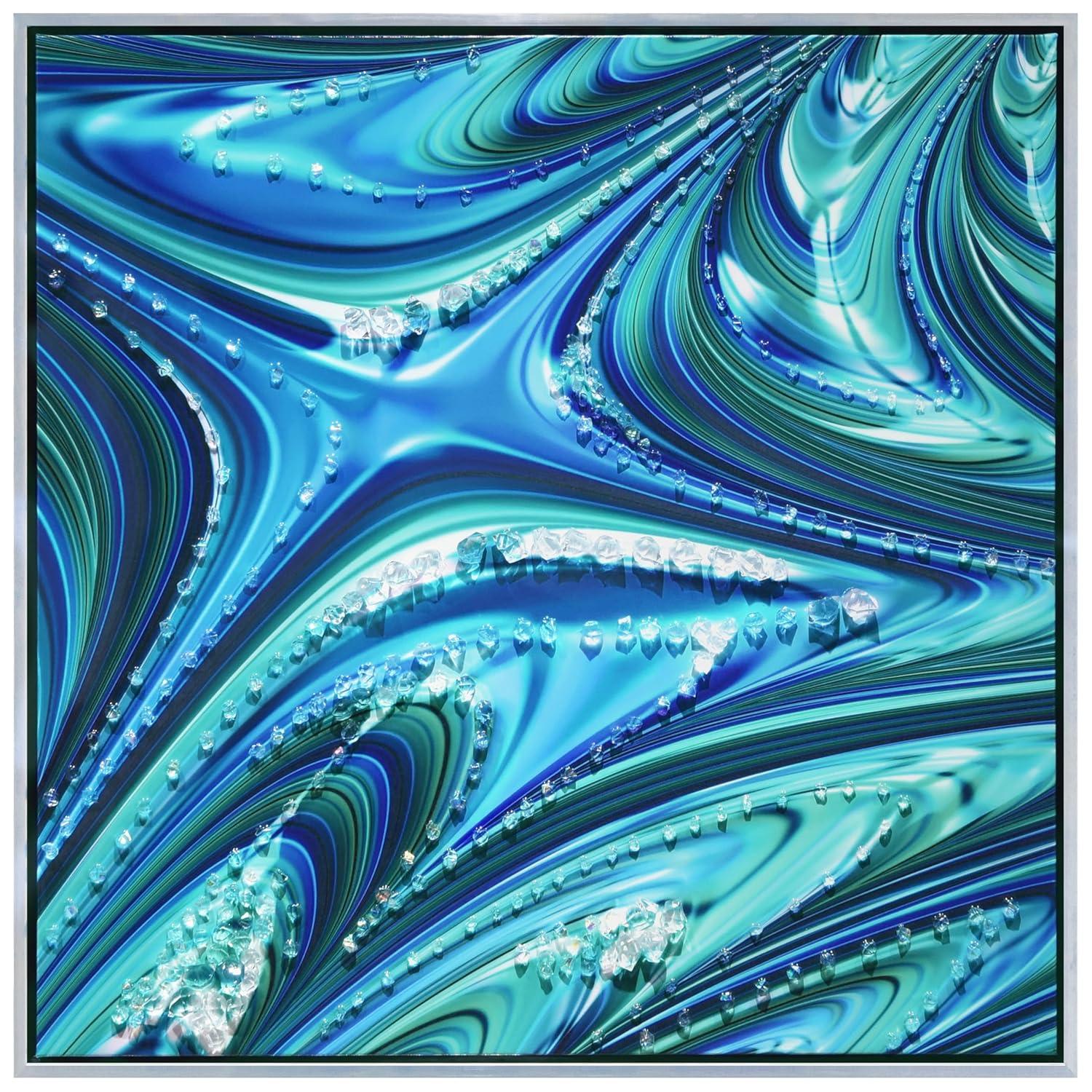 "Ocean Waves II" Crystallus Epoxy Coated Wrapped Framed Glossy Blue Canvas Wall Art with Heavy Acrylic Crystal Shards Embellishments