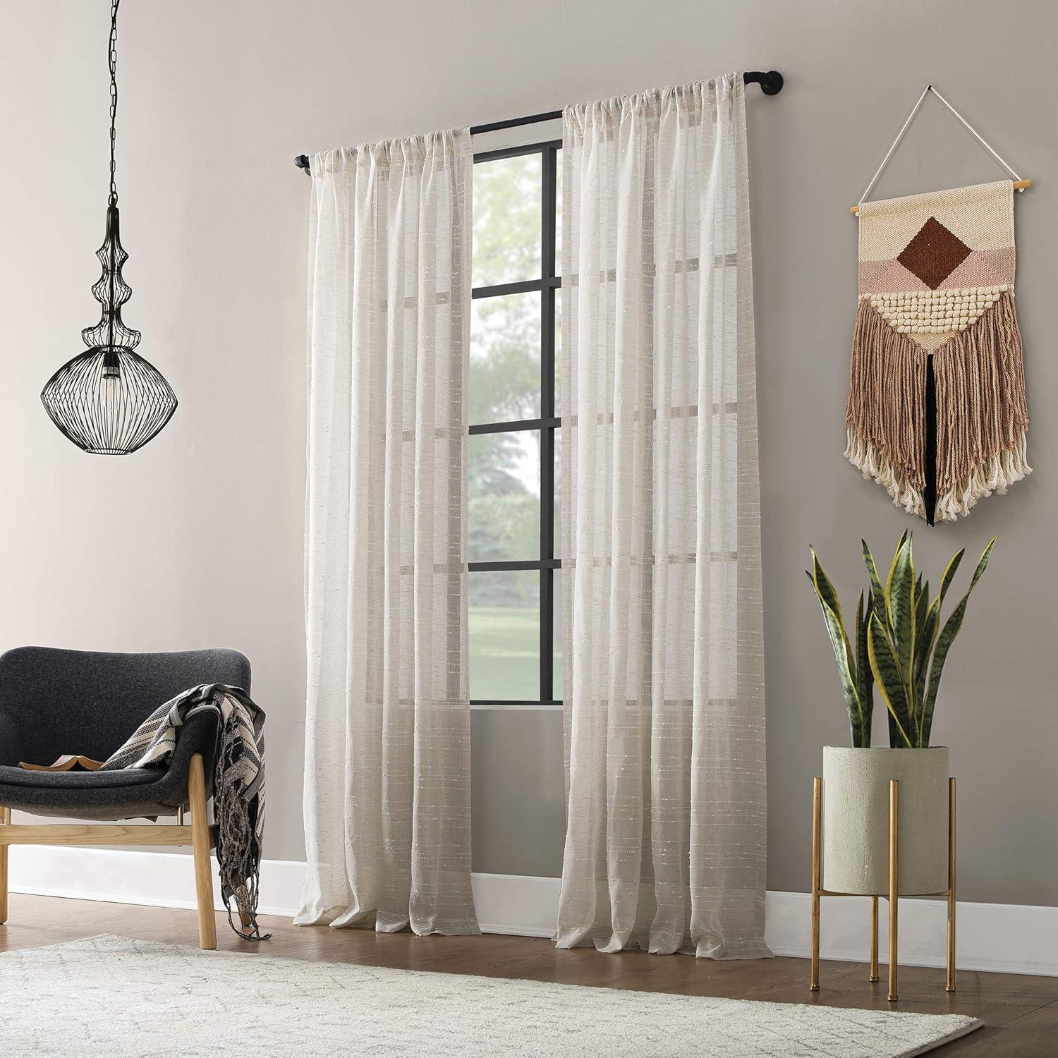 Clean Window Textured Slub Anti-Dust Striped Semi-Sheer Rod Pocket Curtain Panel