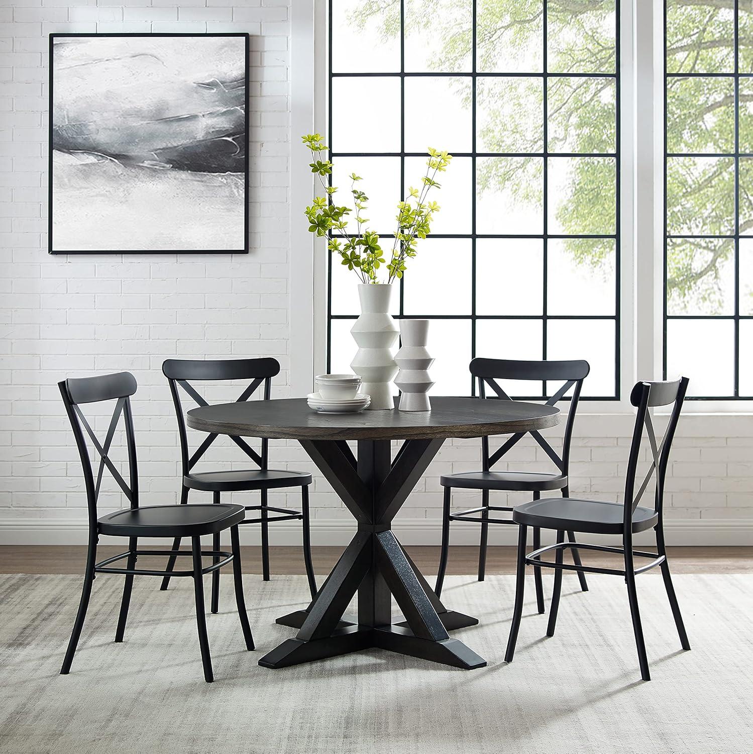 5pc Hayden Round Dining Set with Camille Chairs Matte Black/Slate - Crosley: Rubberwood Frame, Non-Extension Table, Farmhouse Style