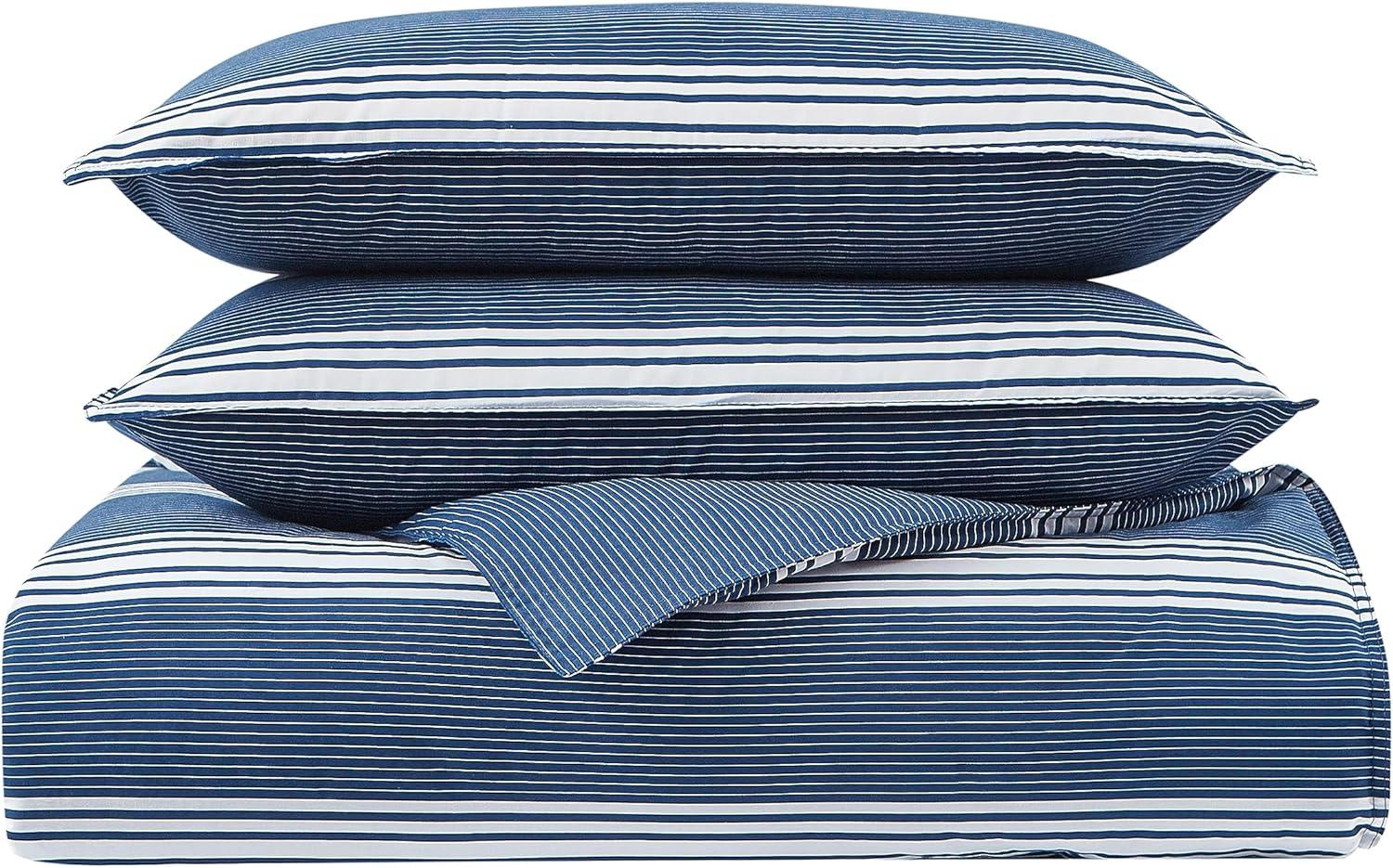 Navy and White Striped Cotton King Duvet Cover Set