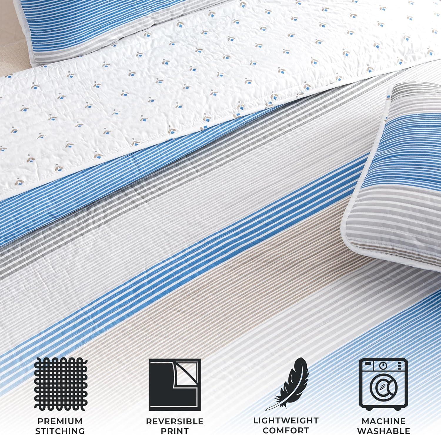 Blue / White / Grey Striped Reversible Quilt Set with Shams