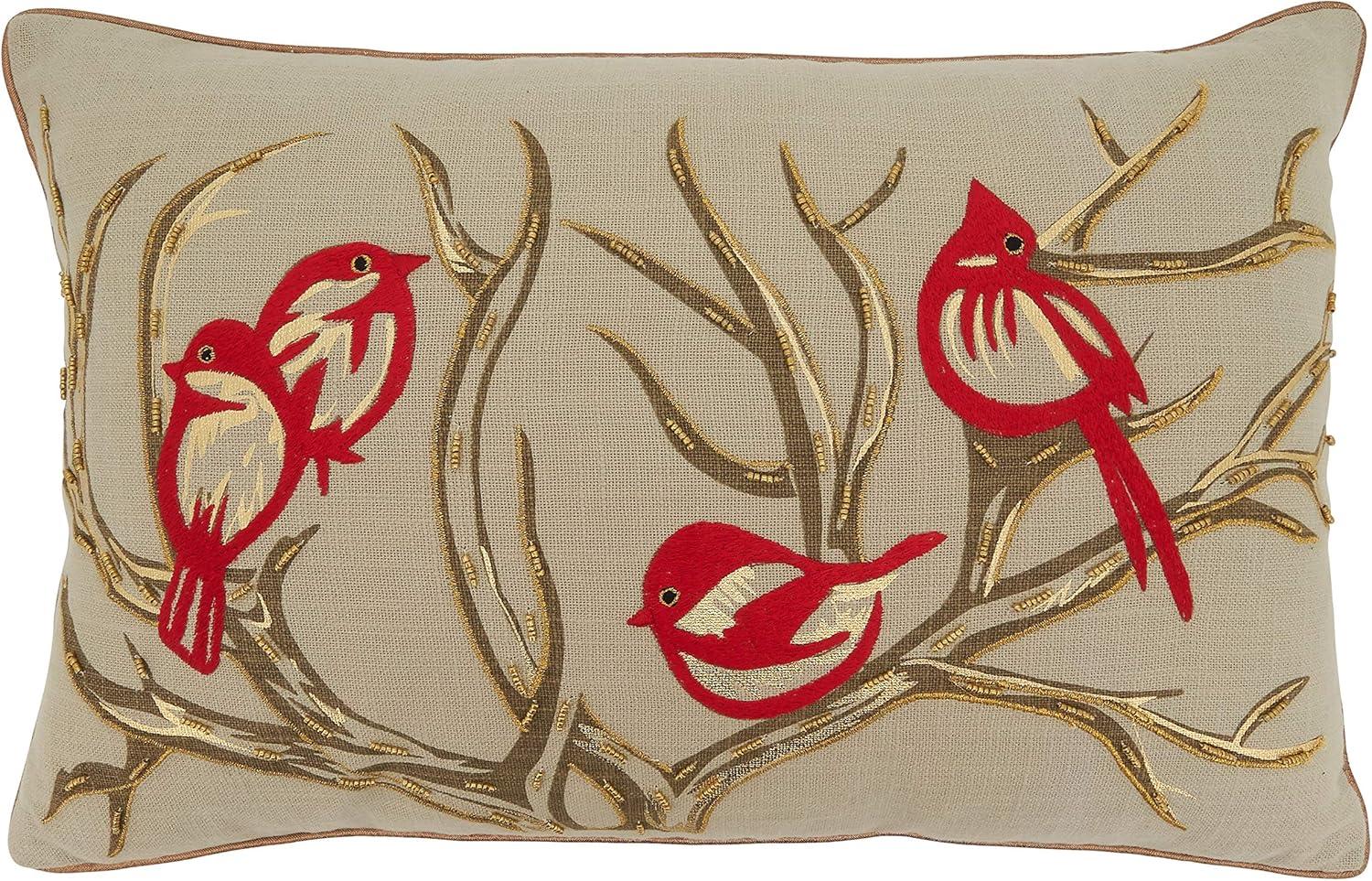 Saro Lifestyle Embroidered Bird + Branch Pillow - Poly Filled, 14"x22" Oblong, Natural